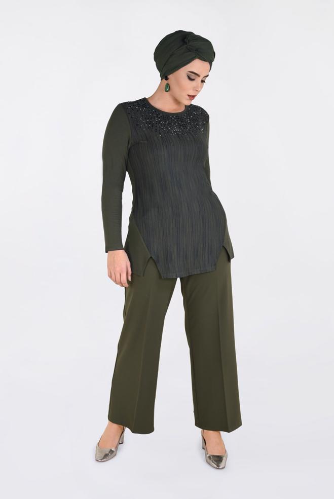 Vêtements hijab KAKI BLOUSE BRODÉE DE PIERRES PRÉCIEUSES 2775 - ALVİNA