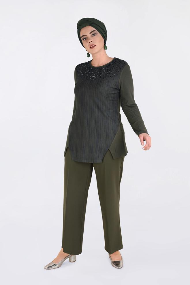 Vêtements hijab KAKI BLOUSE BRODÉE DE PIERRES PRÉCIEUSES 2775 - ALVİNA