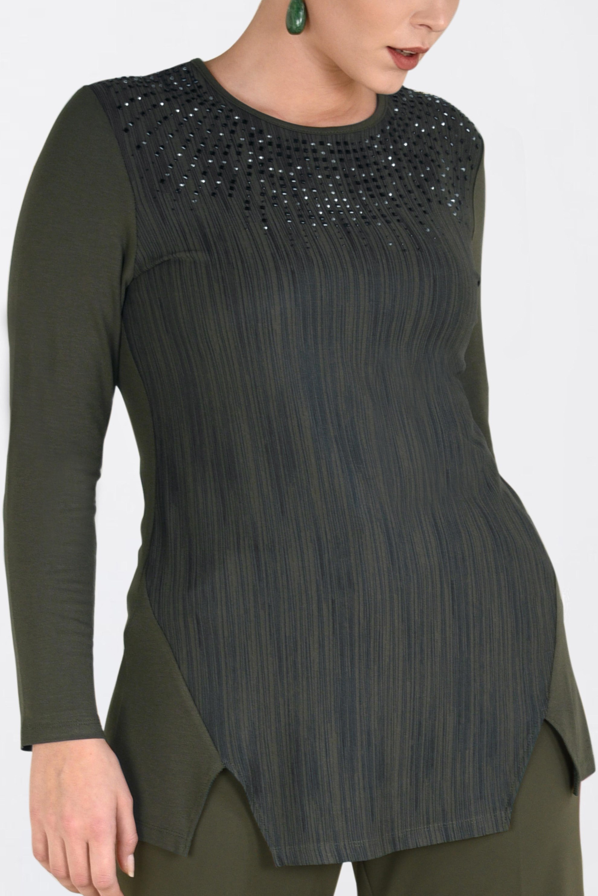 Vêtements hijab KAKI BLOUSE BRODÉE DE PIERRES PRÉCIEUSES 2775