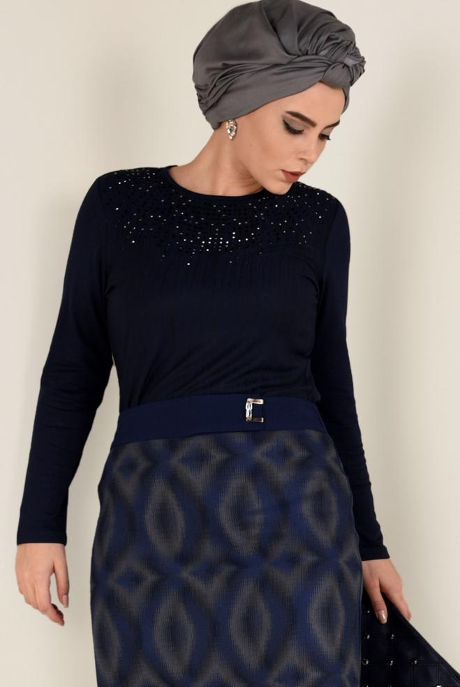 Vêtements hijab BLEU MARINE BLOUSE BRODÉE DE PIERRES PRÉCIEUSES 2775 - ALVİNA
