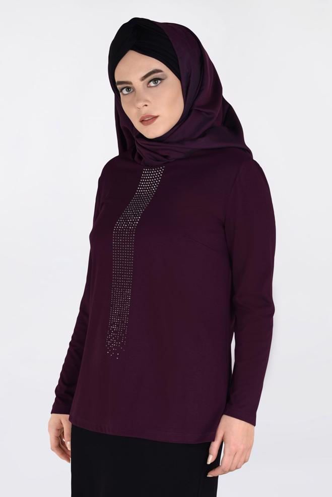 Vêtements hijab ROUGE BORDEAUX BLOUSE À IMPRIMÉ 2777  - ALVİNA