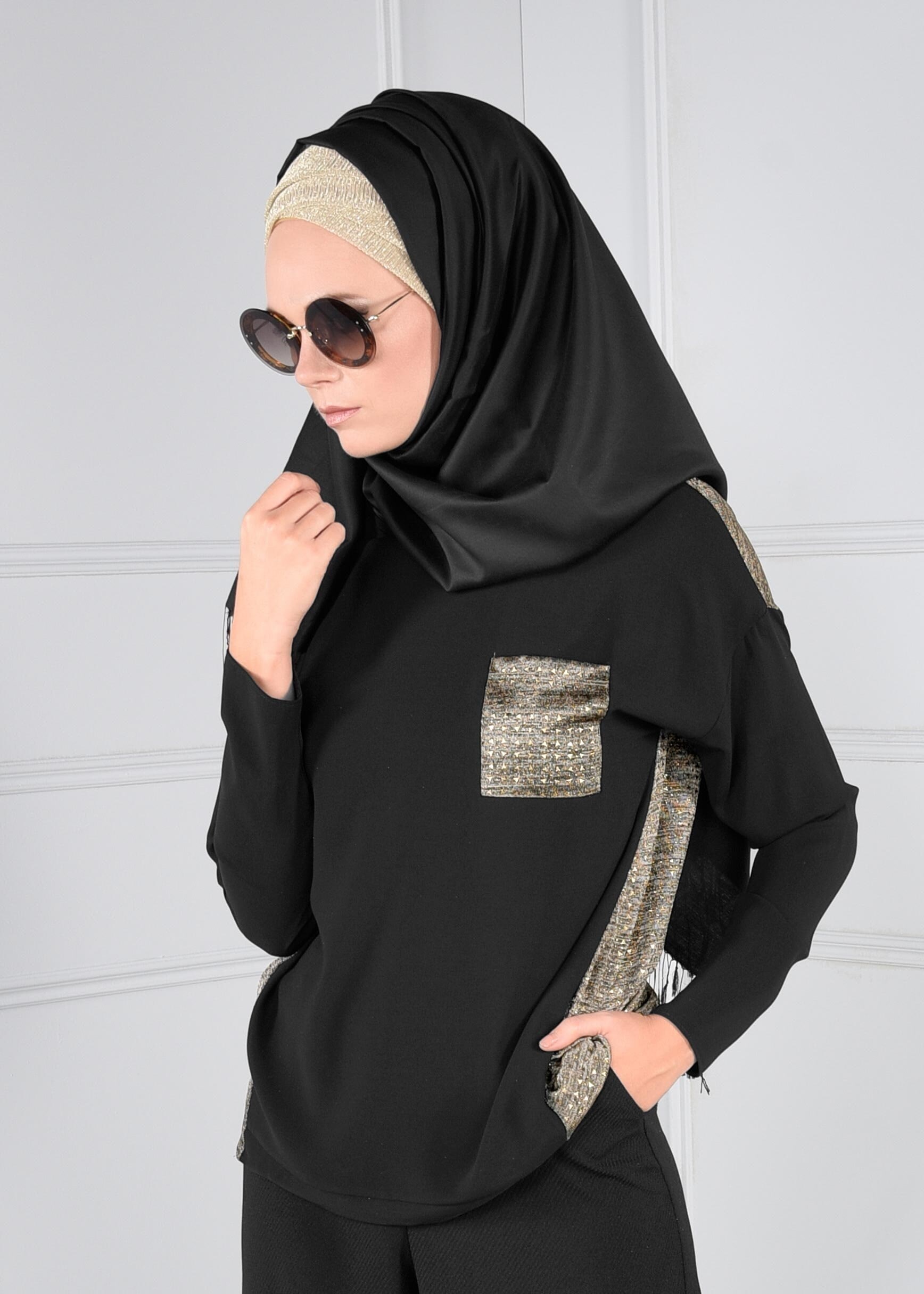 Tesettür giyim ALTIN ÇİFT RENKLİ CEP DETAYLI BLUZ 4608