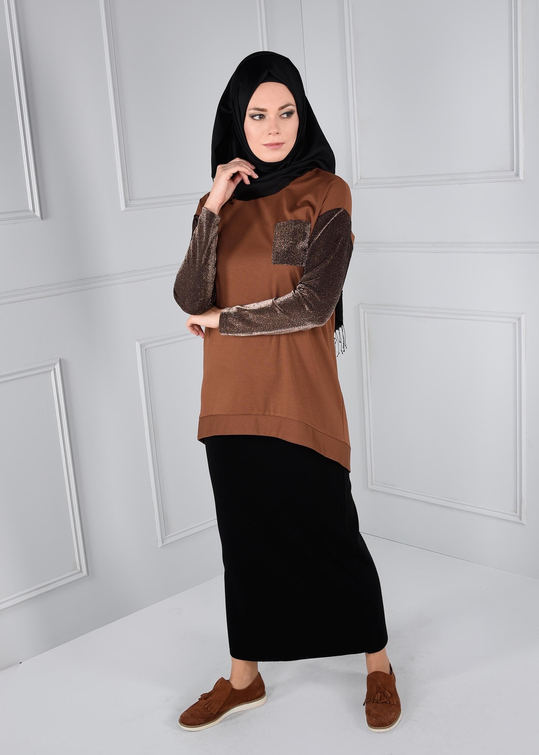 Tesettür giyim TURUNCU KOLLARI SİMLİ CEPLİ BLUZ 4609