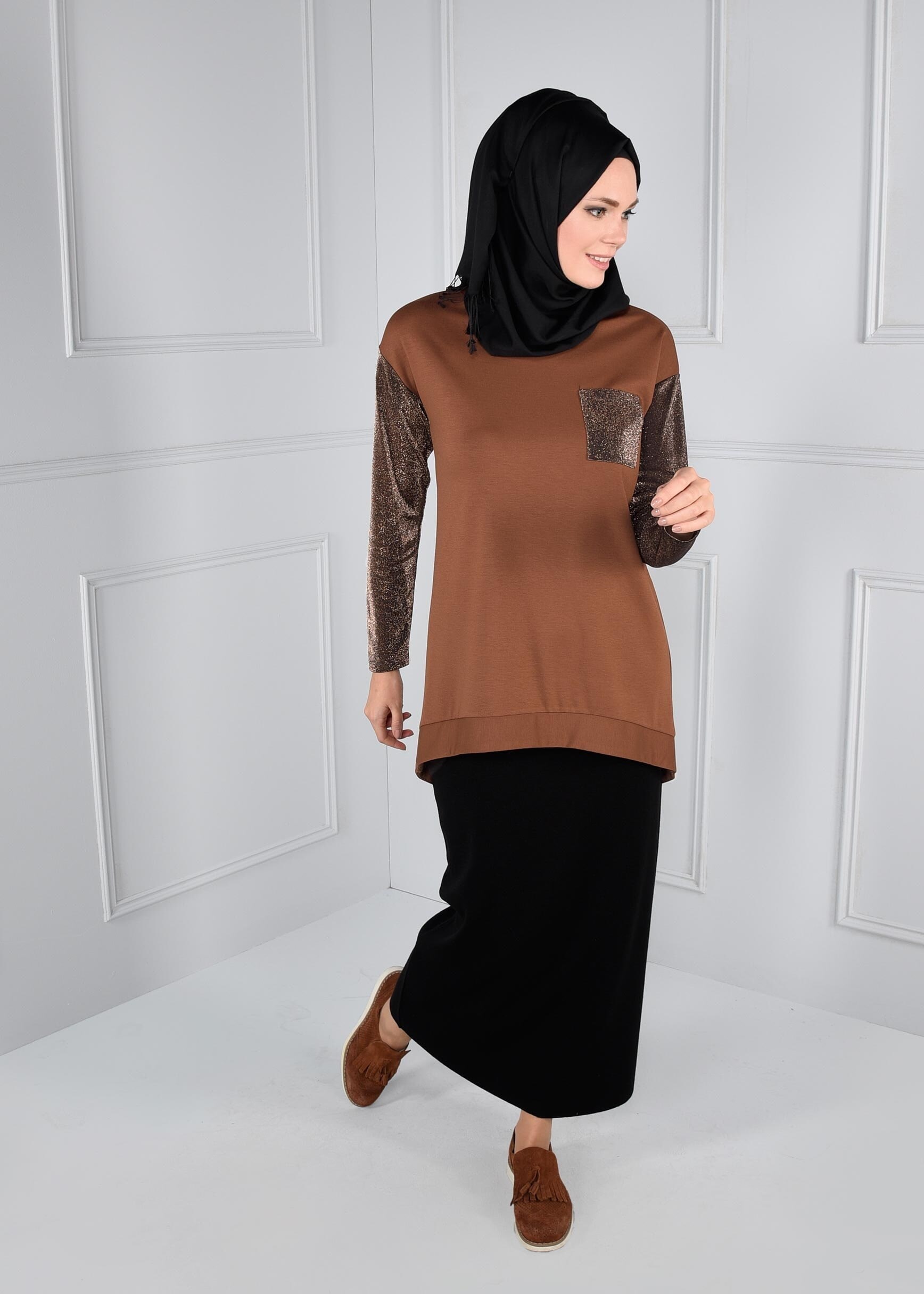 Tesettür giyim TURUNCU KOLLARI SİMLİ CEPLİ BLUZ 4609