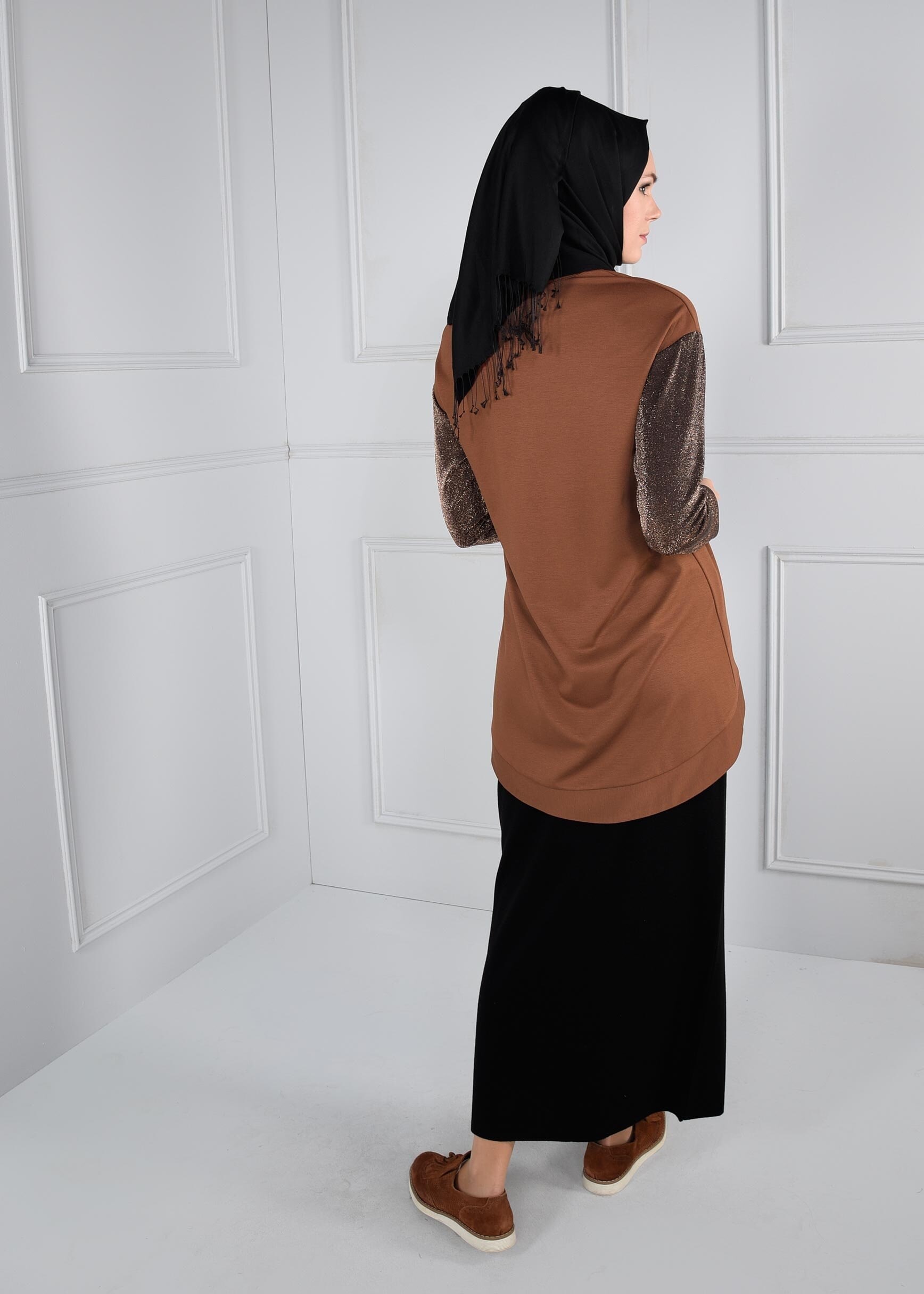 Tesettür giyim TURUNCU KOLLARI SİMLİ CEPLİ BLUZ 4609