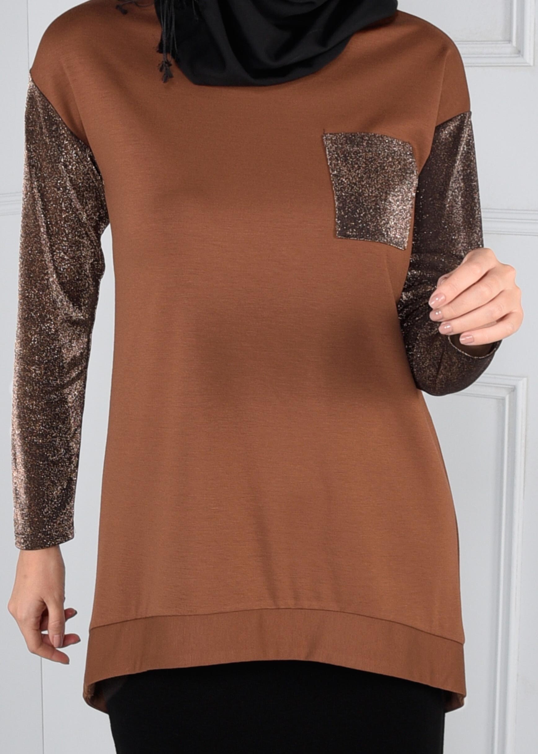 Tesettür giyim TURUNCU KOLLARI SİMLİ CEPLİ BLUZ 4609