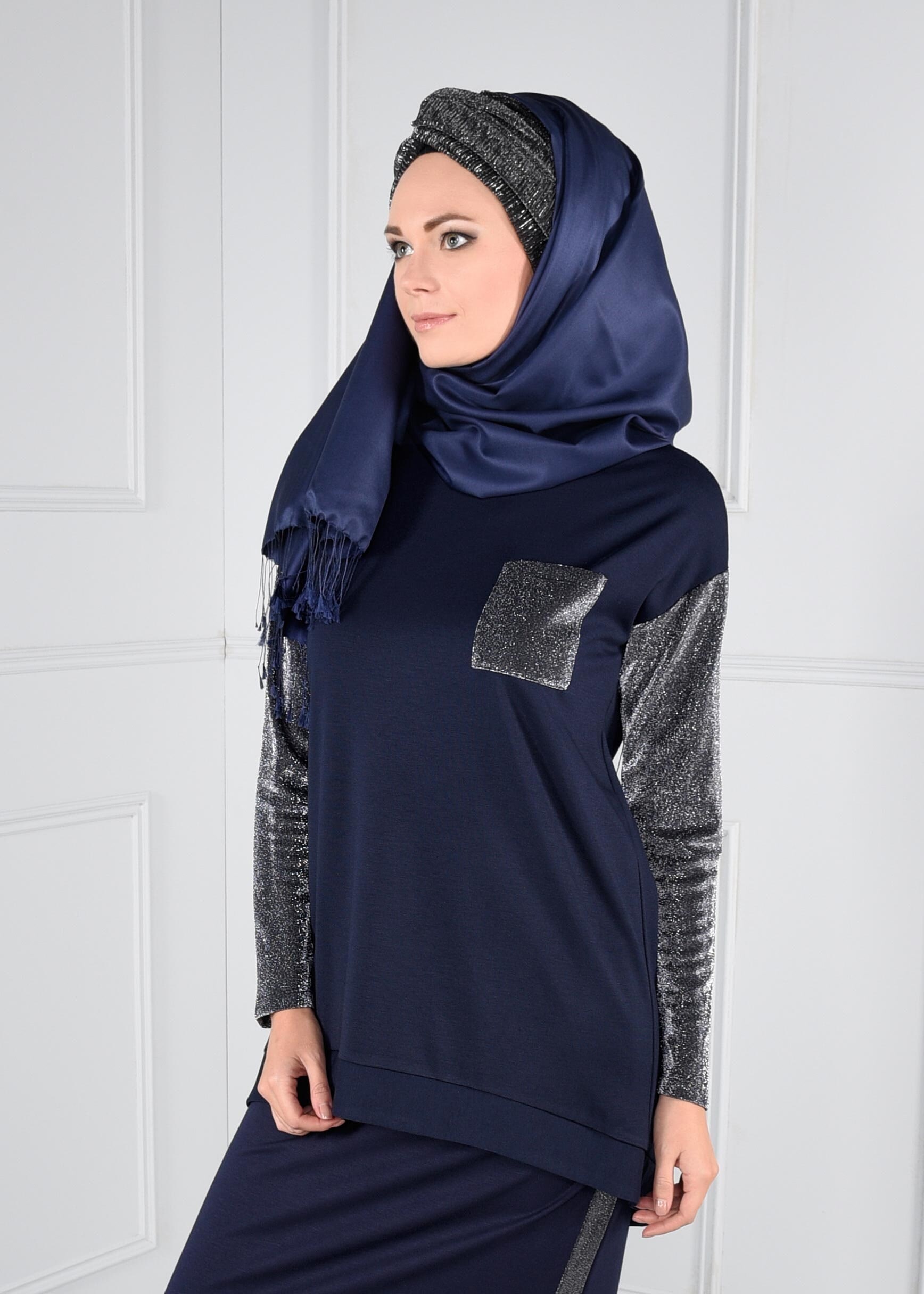 Tesettür giyim LACİVERT KOLLARI SİMLİ CEPLİ BLUZ 4609