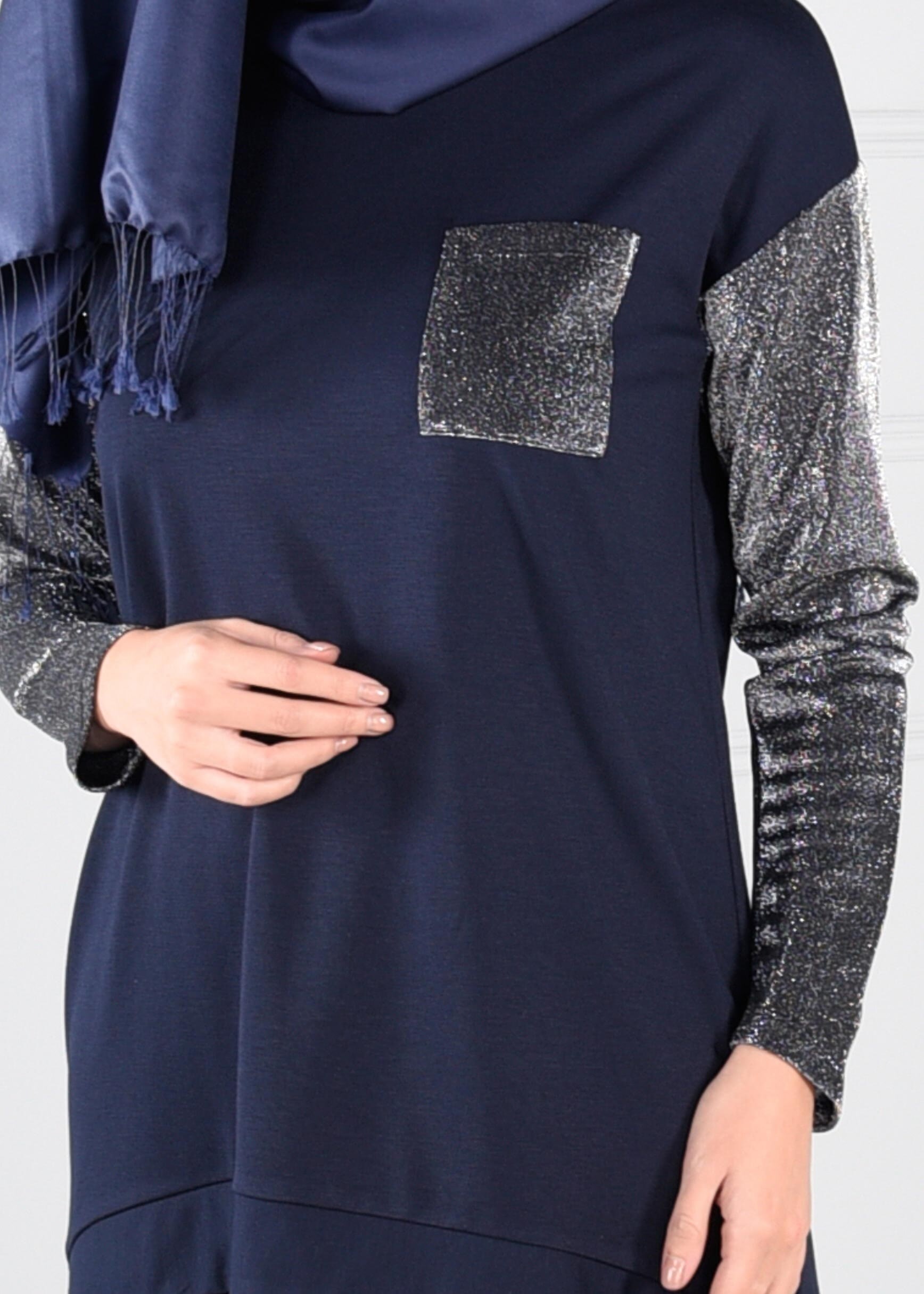 Tesettür giyim LACİVERT KOLLARI SİMLİ CEPLİ BLUZ 4609