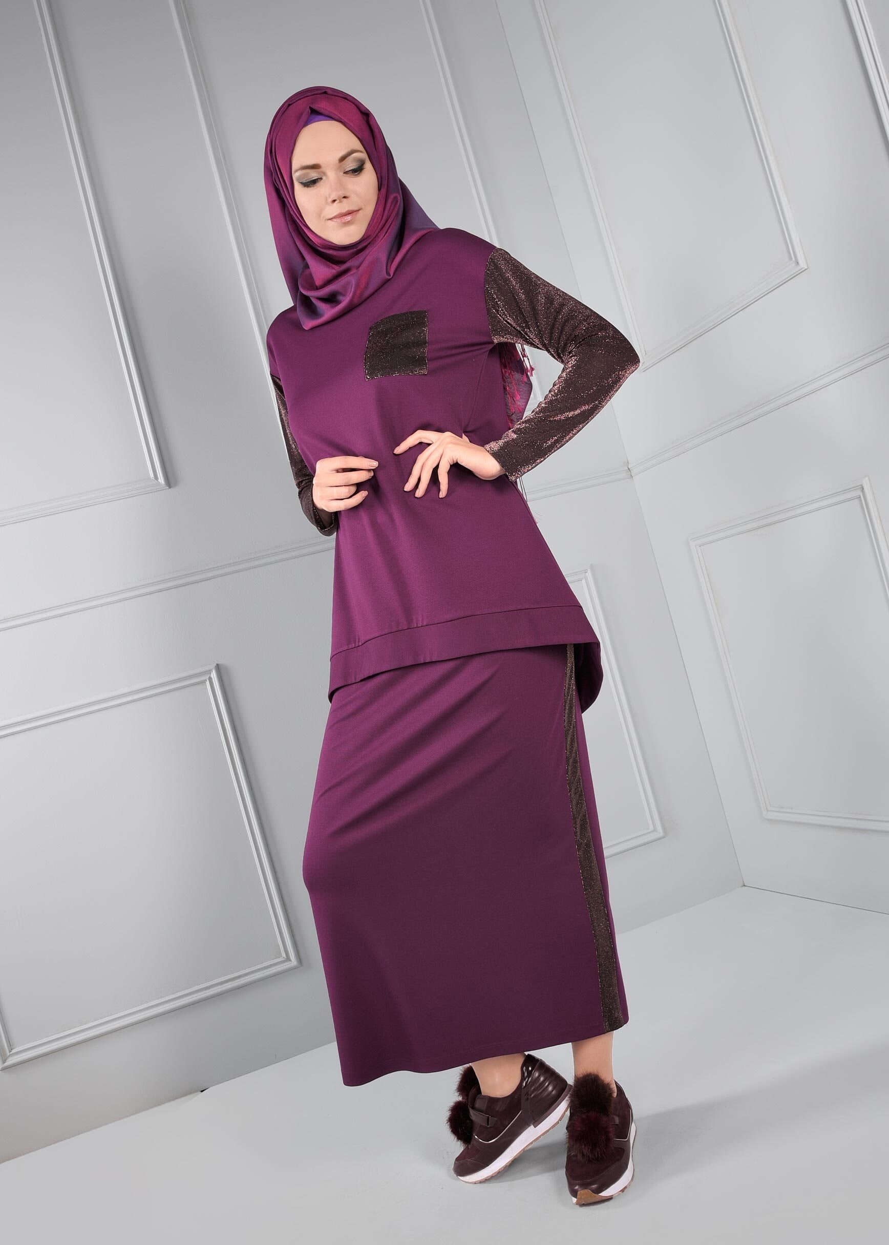 Tesettür giyim MOR KOLLARI SİMLİ CEPLİ BLUZ 4609