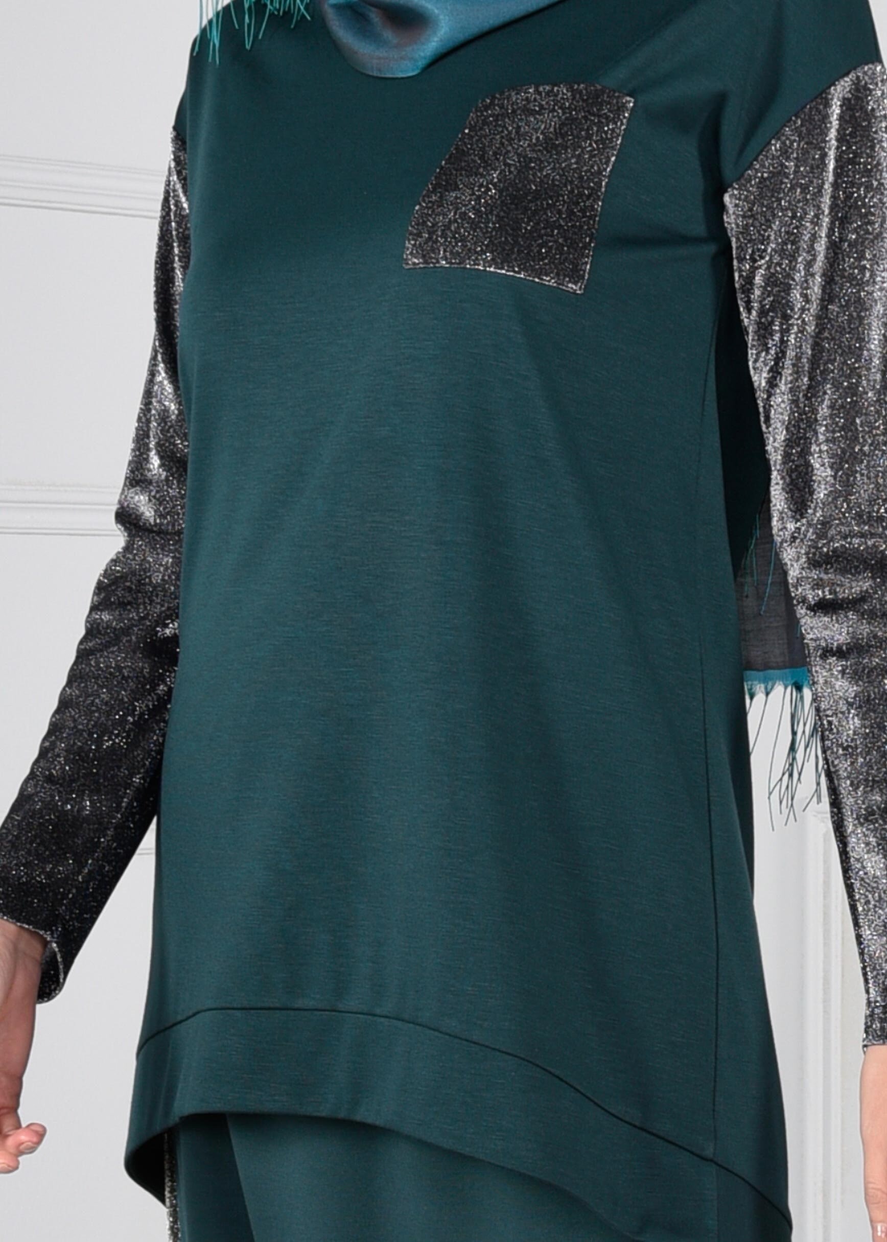 Tesettür giyim YEŞİL KOLLARI SİMLİ CEPLİ BLUZ 4609