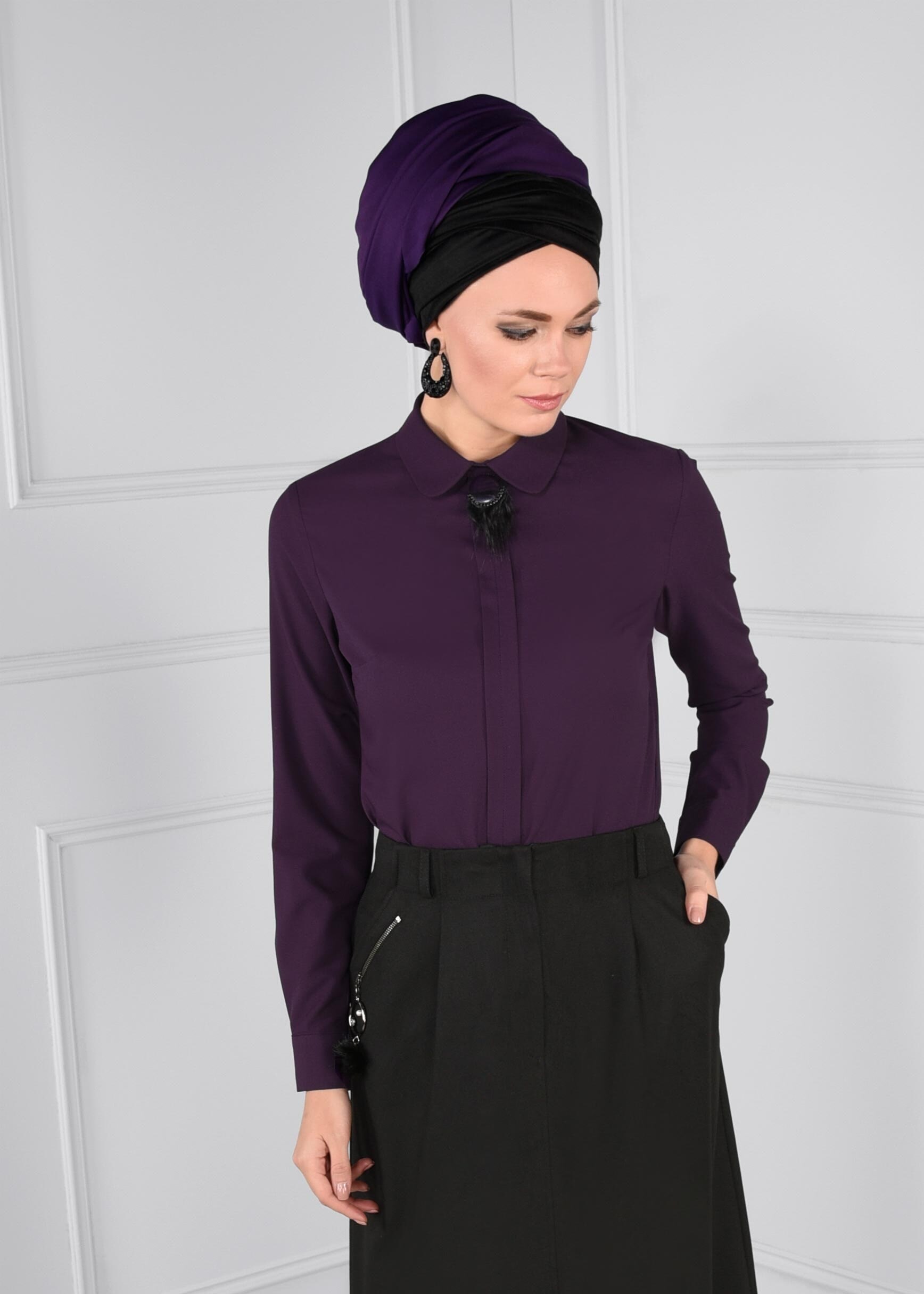 Tesettür giyim MOR BROŞ DETAYLI FERMUARLI BLUZ 4687