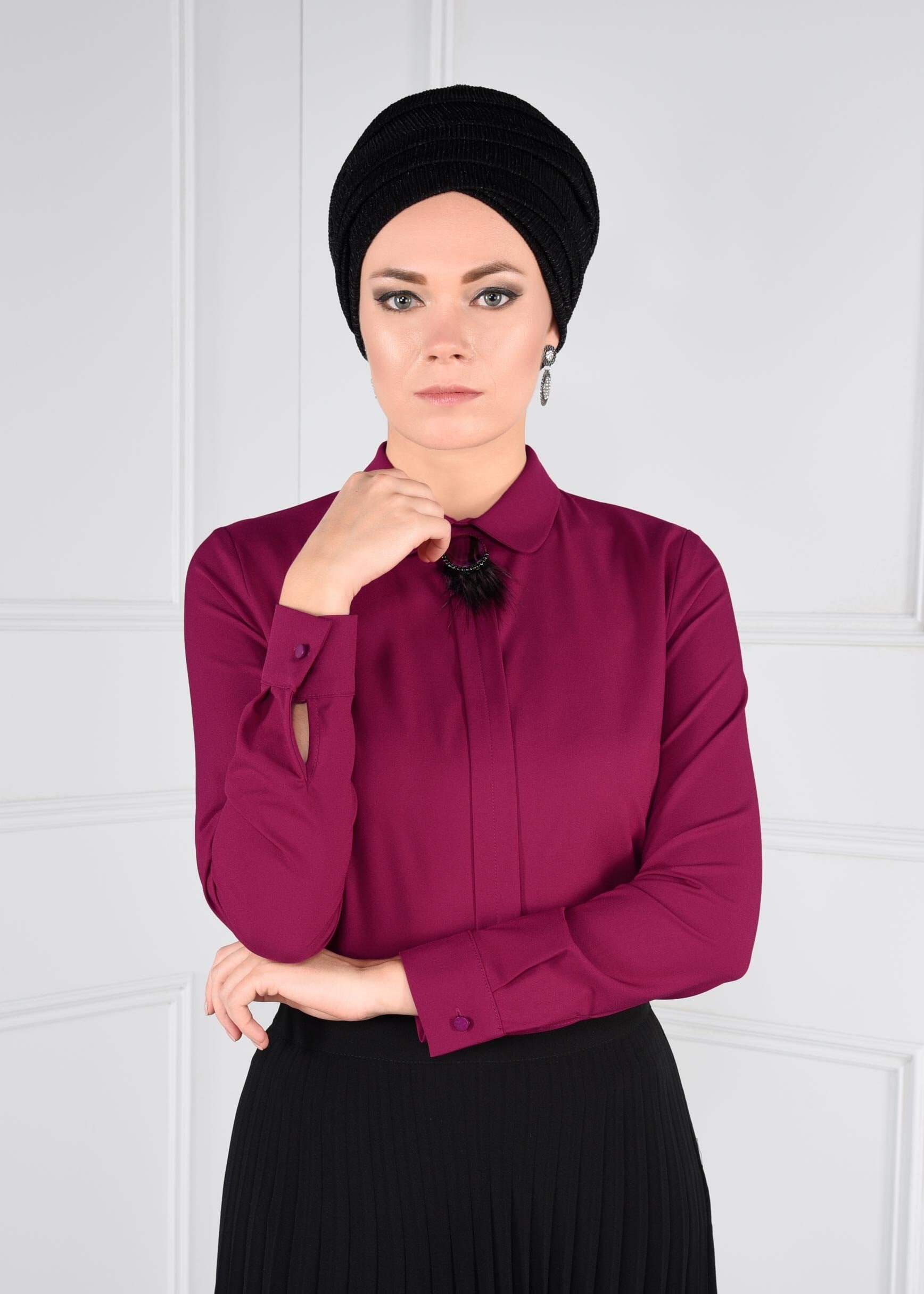 Tesettür giyim FUŞYA BROŞ DETAYLI FERMUARLI BLUZ 4687