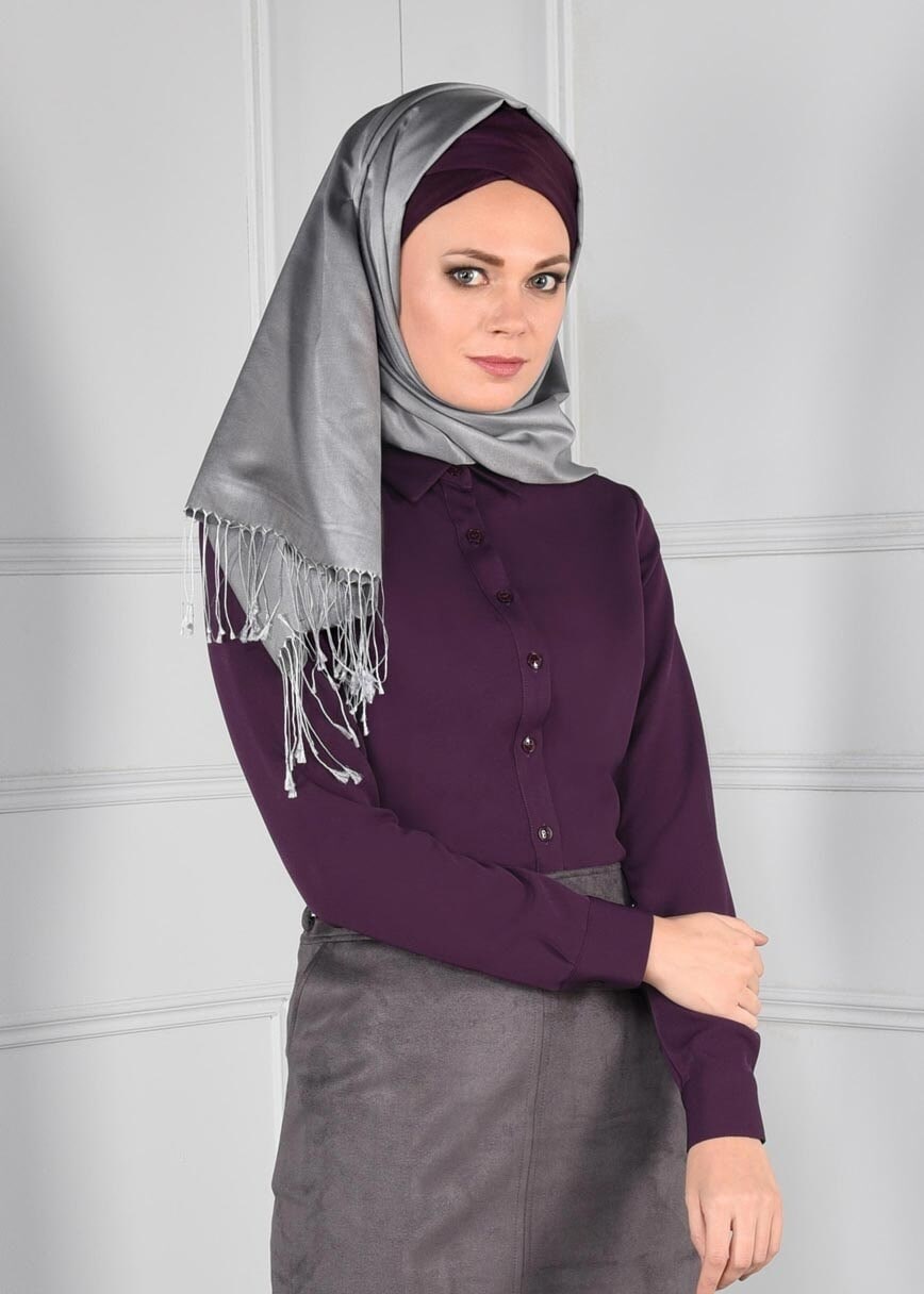 Tesettür giyim MOR DÜĞMELİ ERKEK YAKA BLUZ 4688