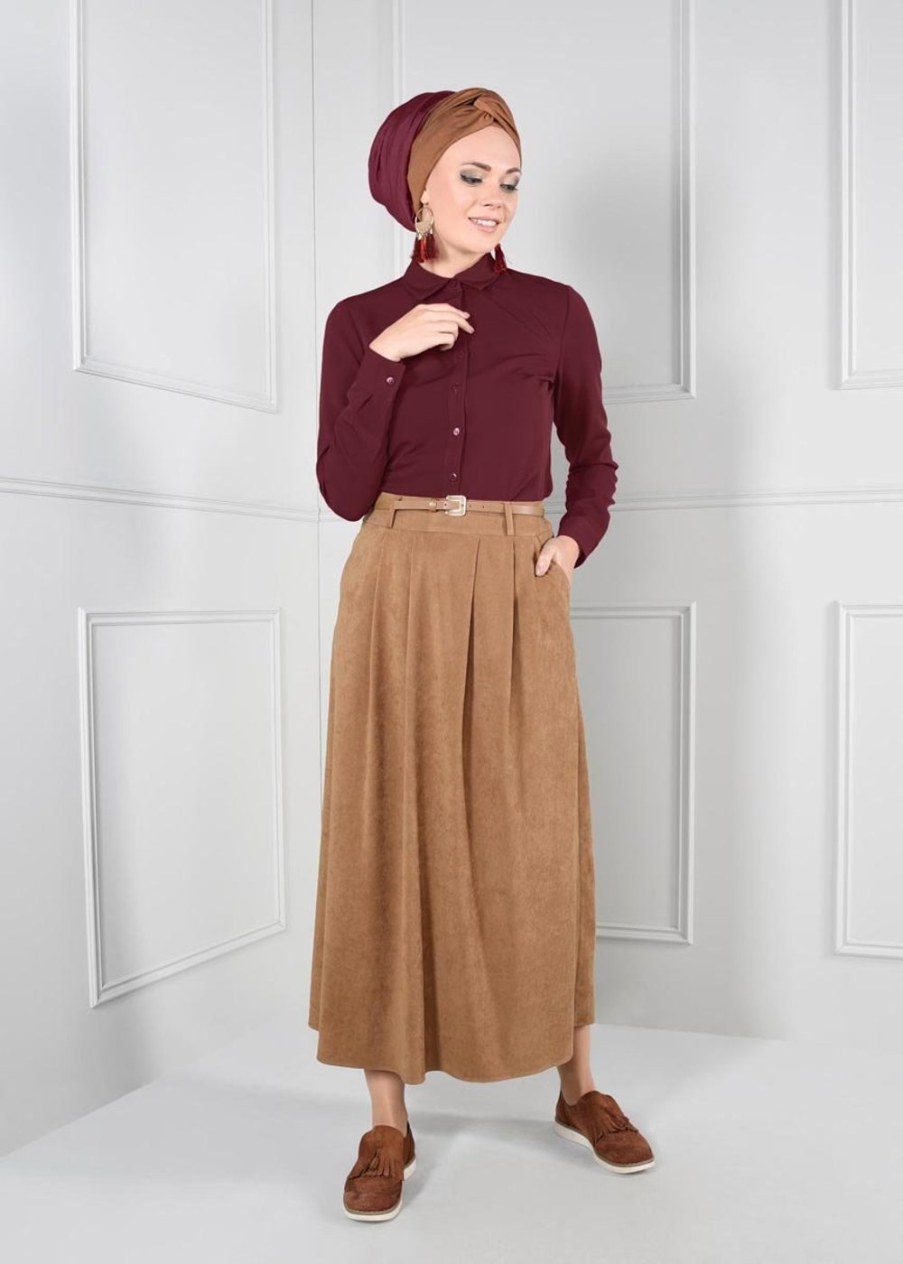 Tesettür giyim BORDO DÜĞMELİ ERKEK YAKA BLUZ 4688