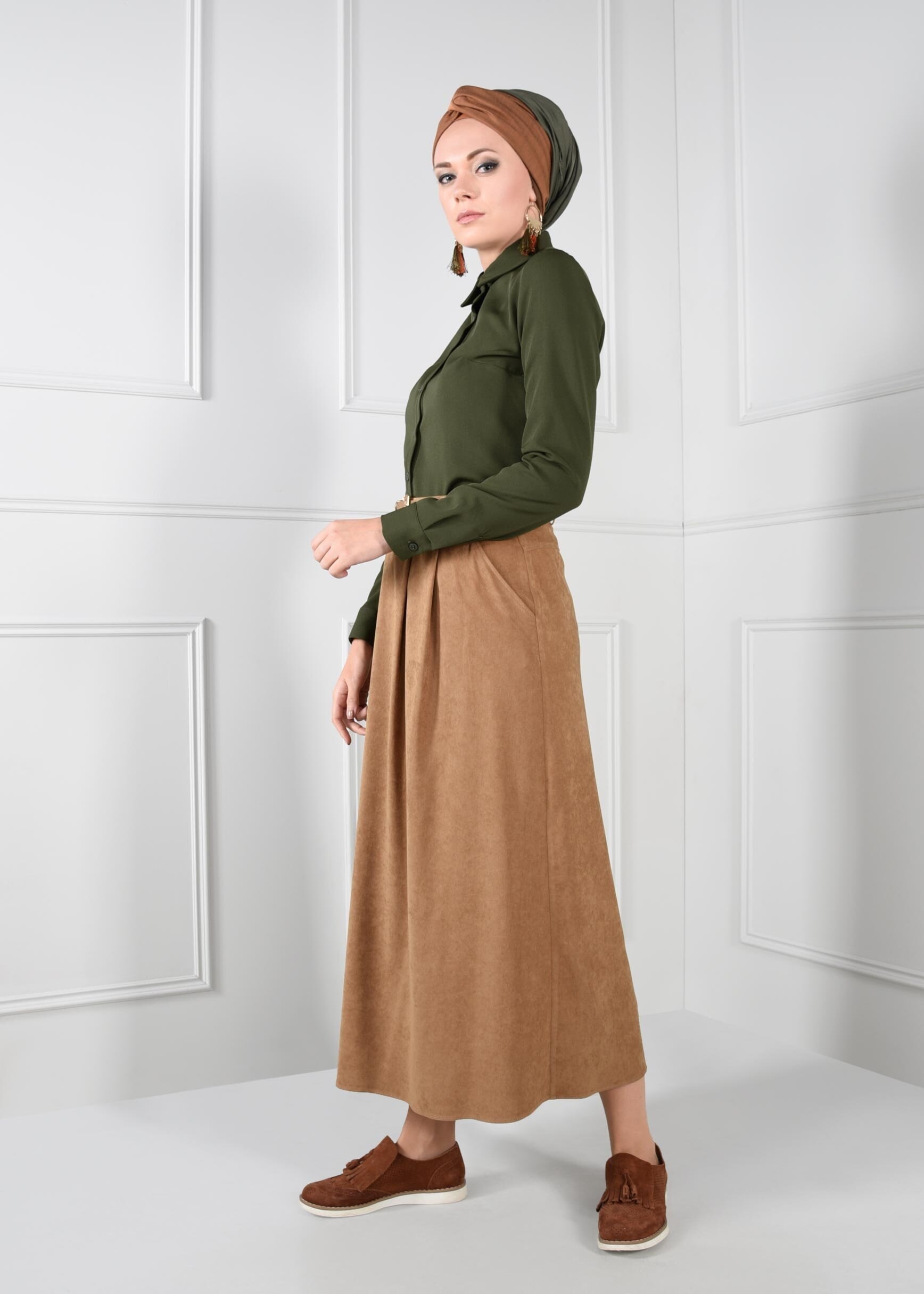 Tesettür giyim HAKİ DÜĞMELİ ERKEK YAKA BLUZ 4688