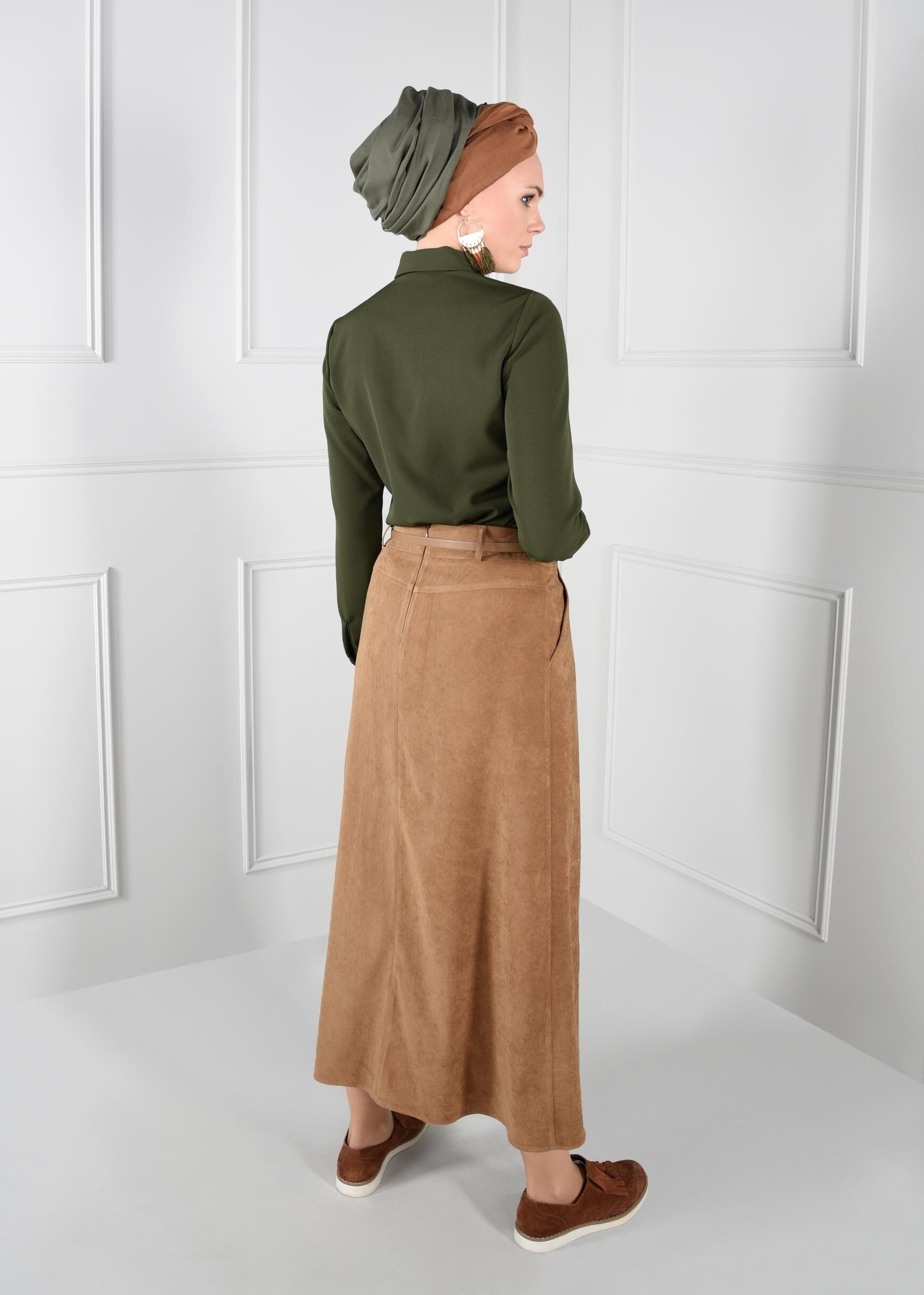 Tesettür giyim HAKİ DÜĞMELİ ERKEK YAKA BLUZ 4688