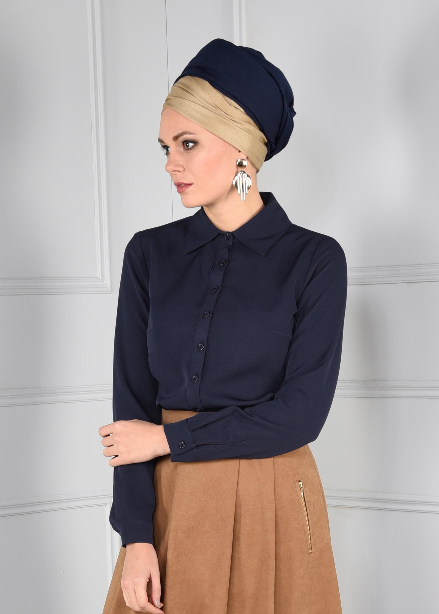 Tesettür giyim LACİVERT DÜĞMELİ ERKEK YAKA BLUZ 4688