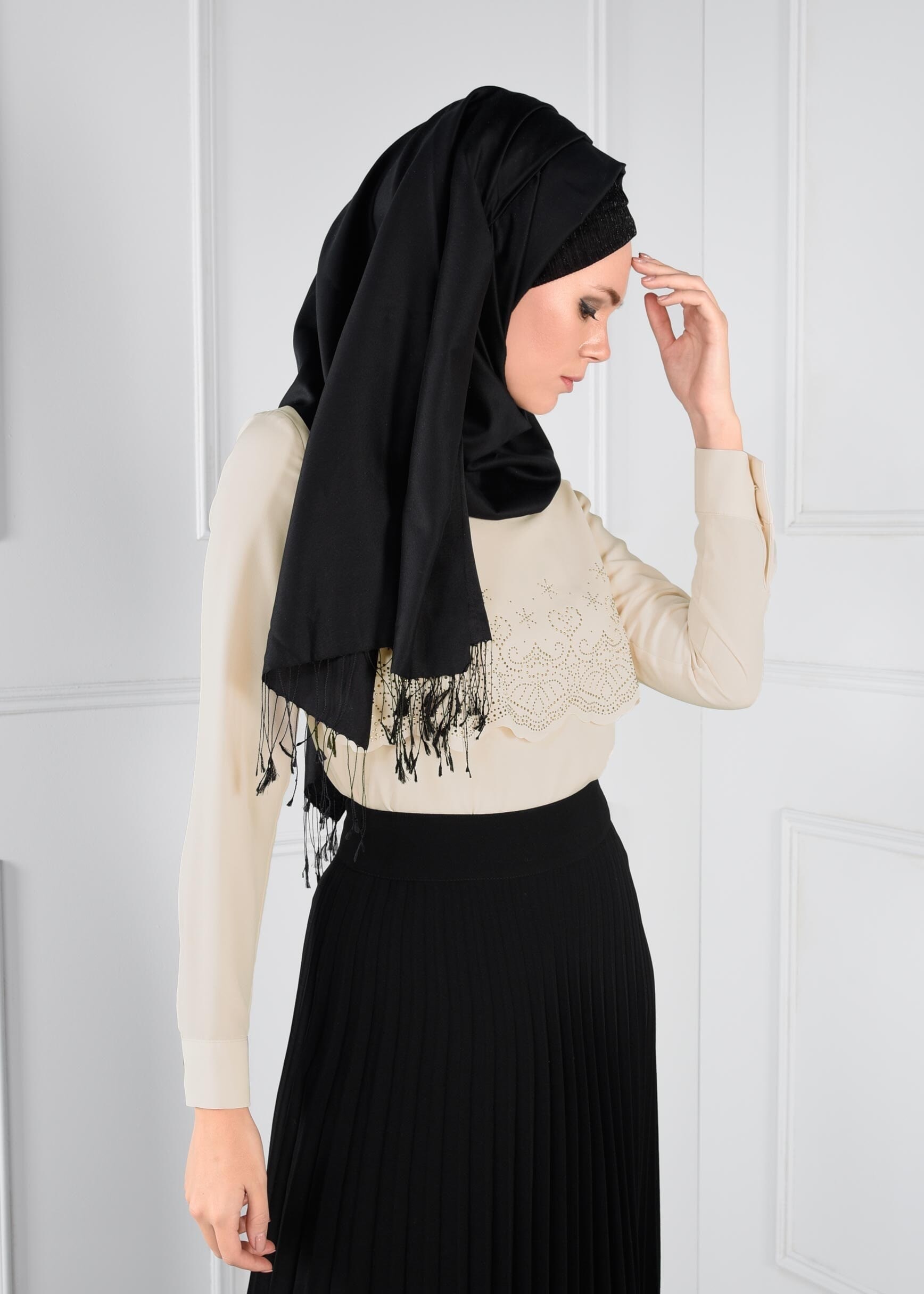 Tesettür giyim BEJ TAŞ BASKILI KREP BLUZ 4690