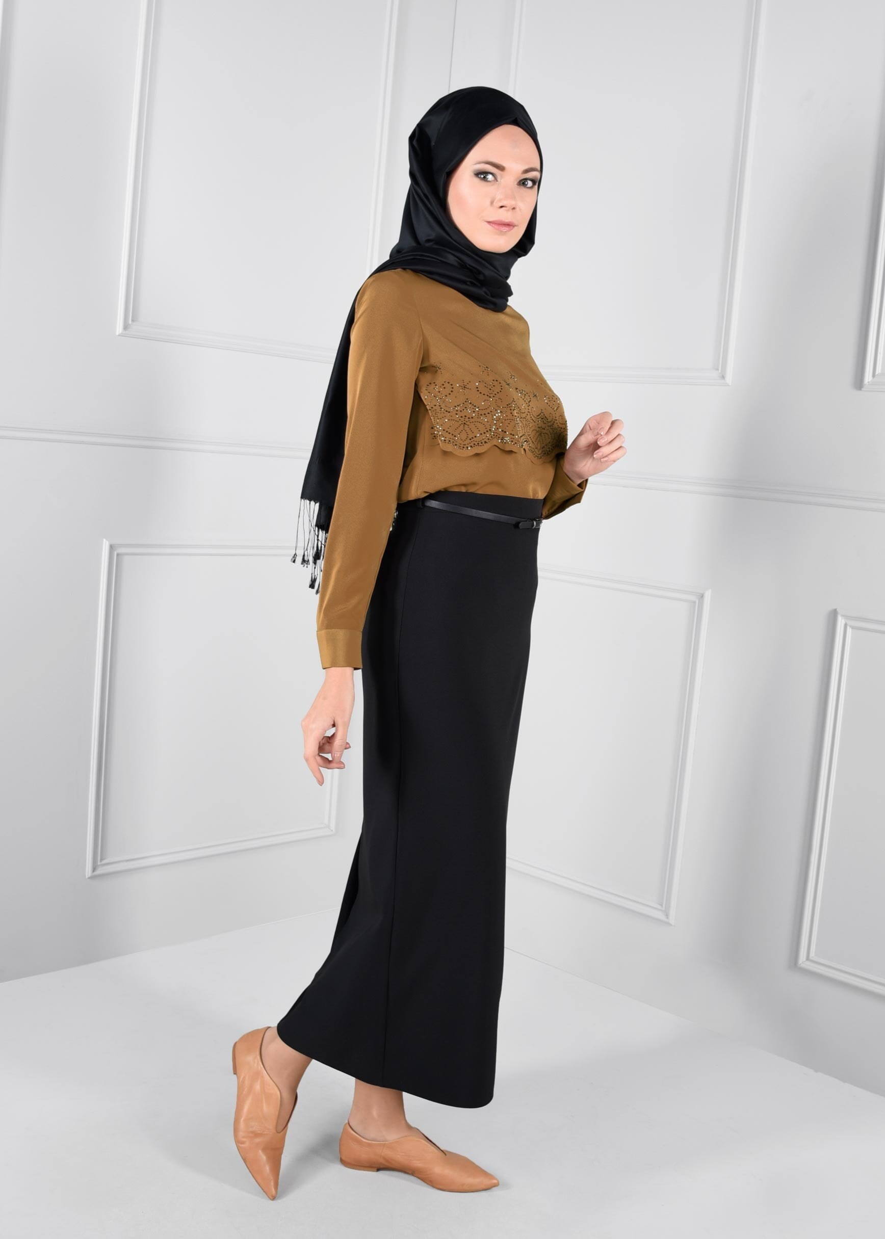 Tesettür giyim KAHVE TAŞ BASKILI KREP BLUZ 4690