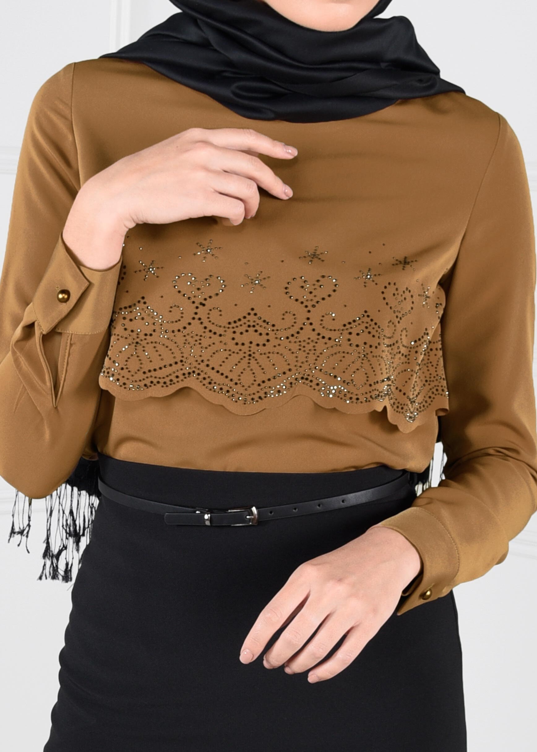 Tesettür giyim KAHVE TAŞ BASKILI KREP BLUZ 4690