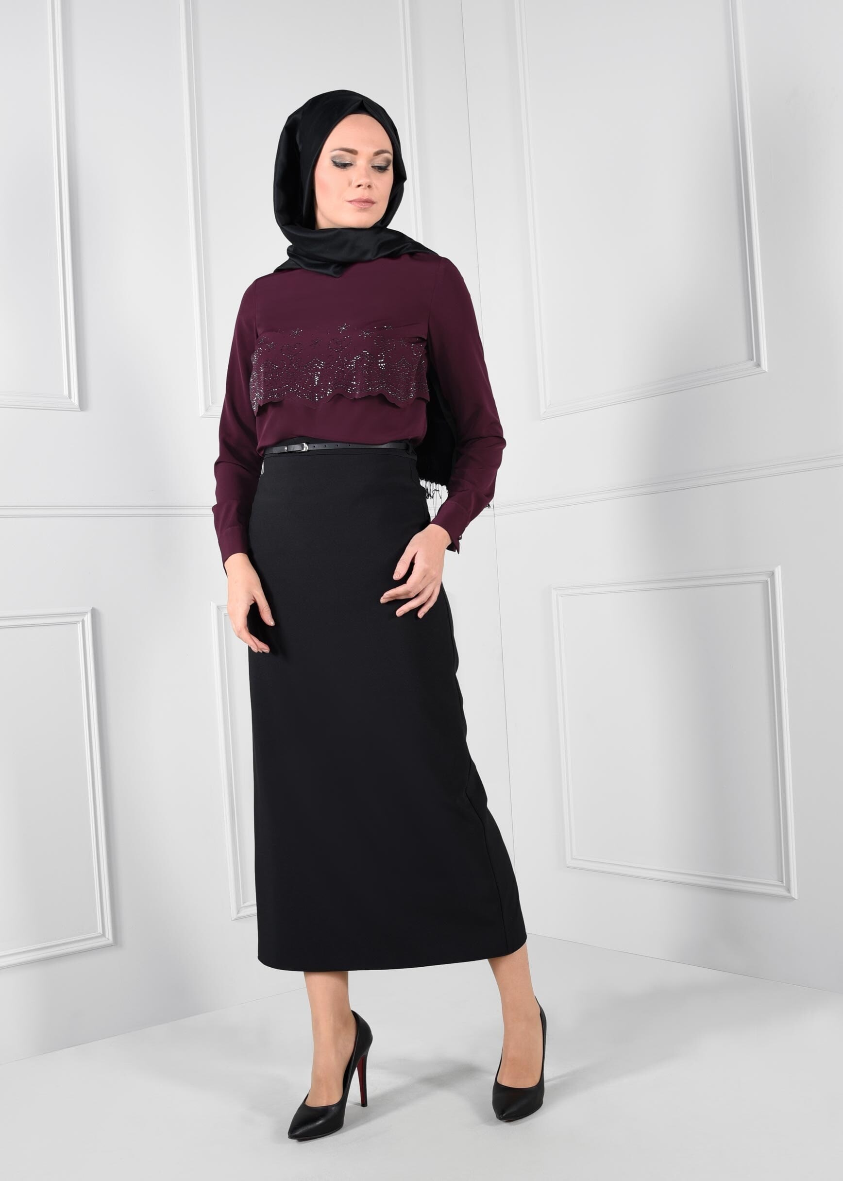 Tesettür giyim MÜRDÜM TAŞ BASKILI KREP BLUZ 4690