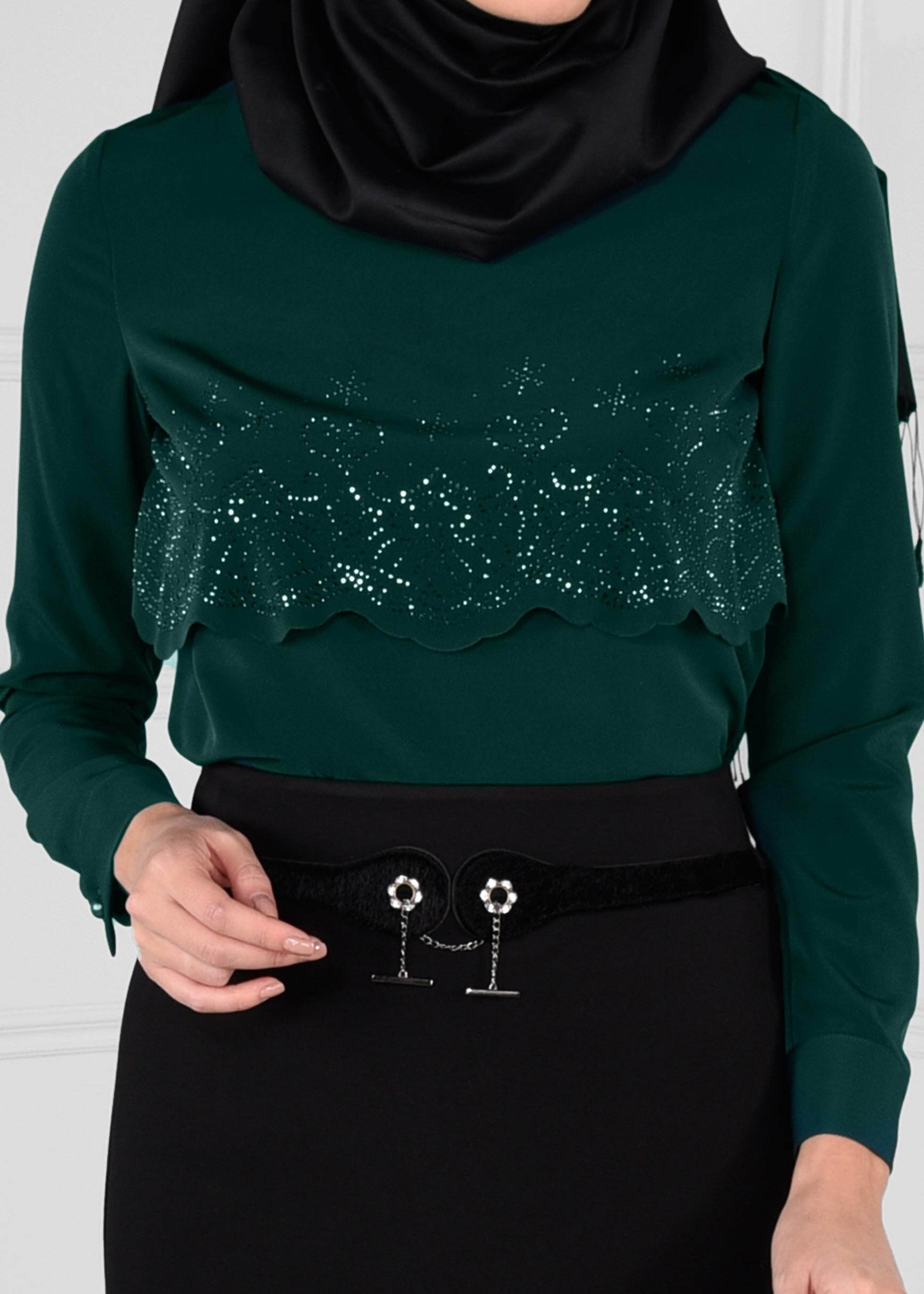 Tesettür giyim YEŞİL TAŞ BASKILI KREP BLUZ 4690