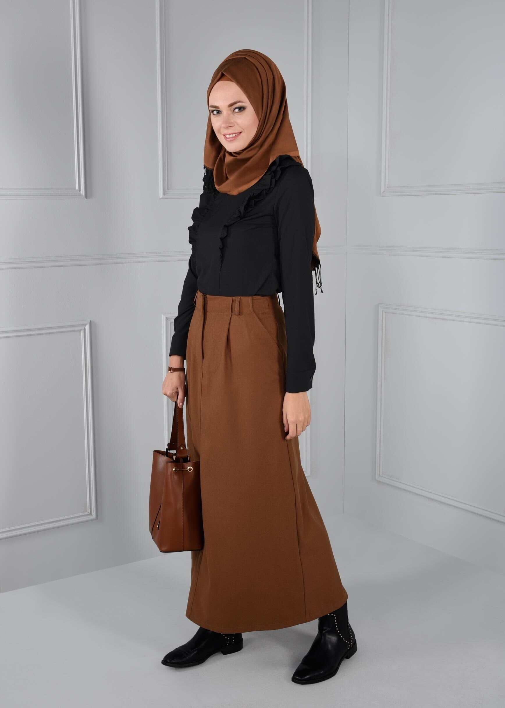 Tesettür giyim SİYAH FIRFIRLI FERMUARLI BLUZ 4715