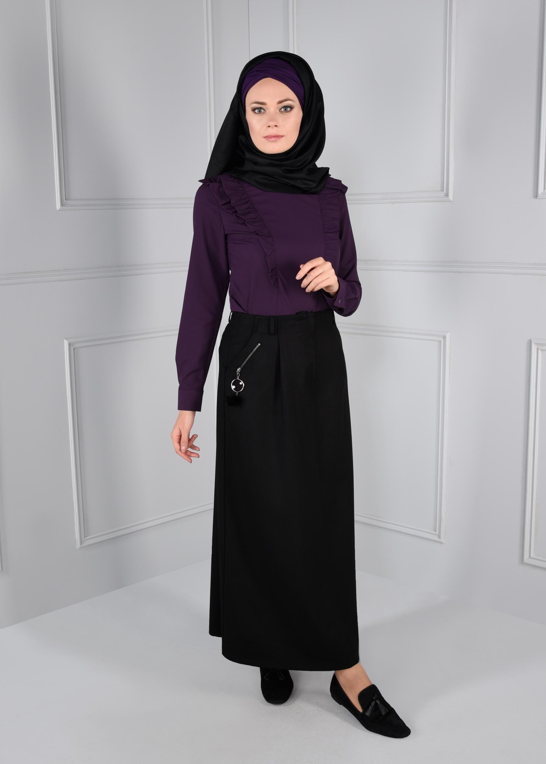 Tesettür giyim MOR FIRFIRLI FERMUARLI BLUZ 4715