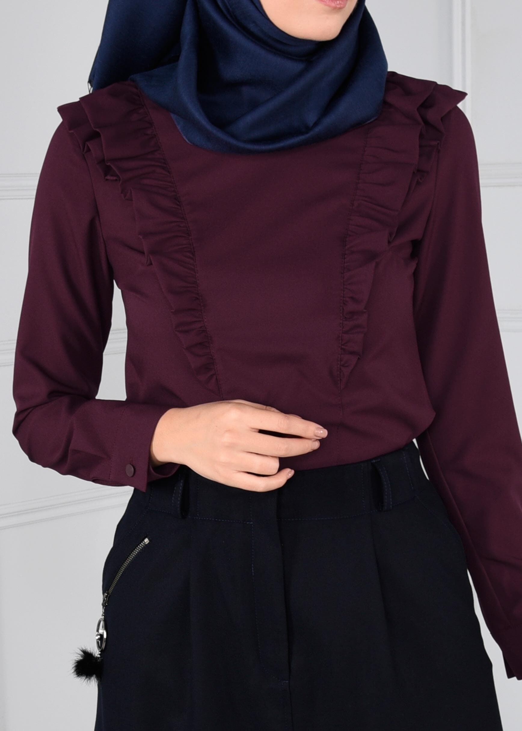 Tesettür giyim MÜRDÜM FIRFIRLI FERMUARLI BLUZ 4715