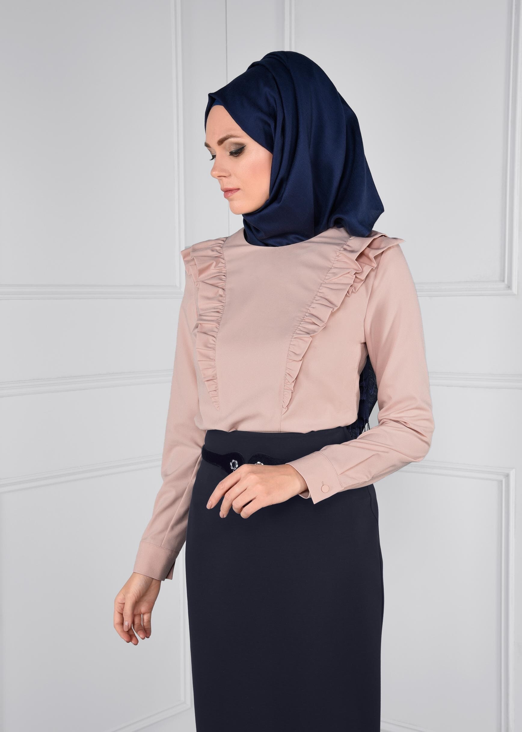 Tesettür giyim PUDRA FIRFIRLI FERMUARLI BLUZ 4715