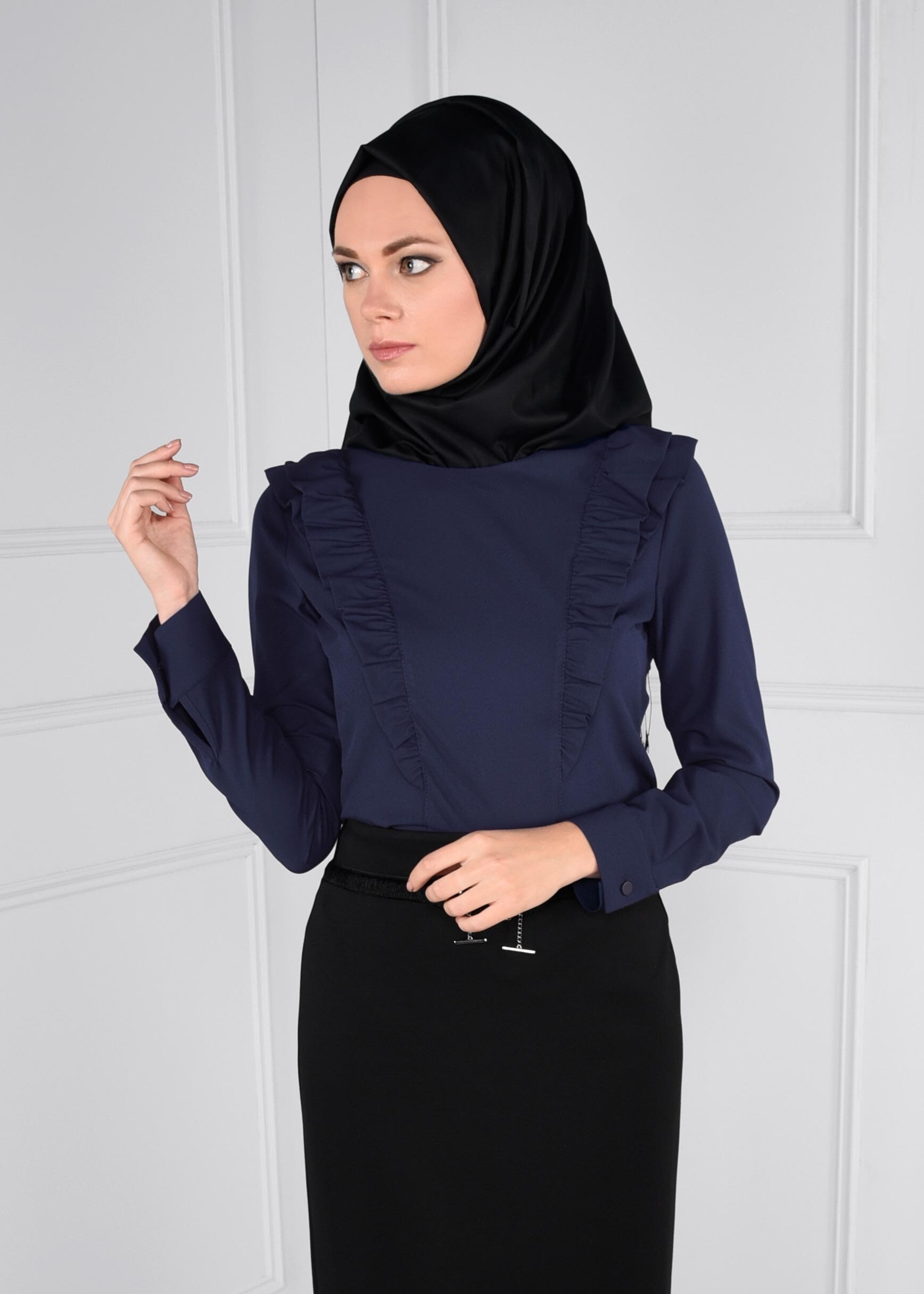 Tesettür giyim LACİVERT FIRFIRLI FERMUARLI BLUZ 4715