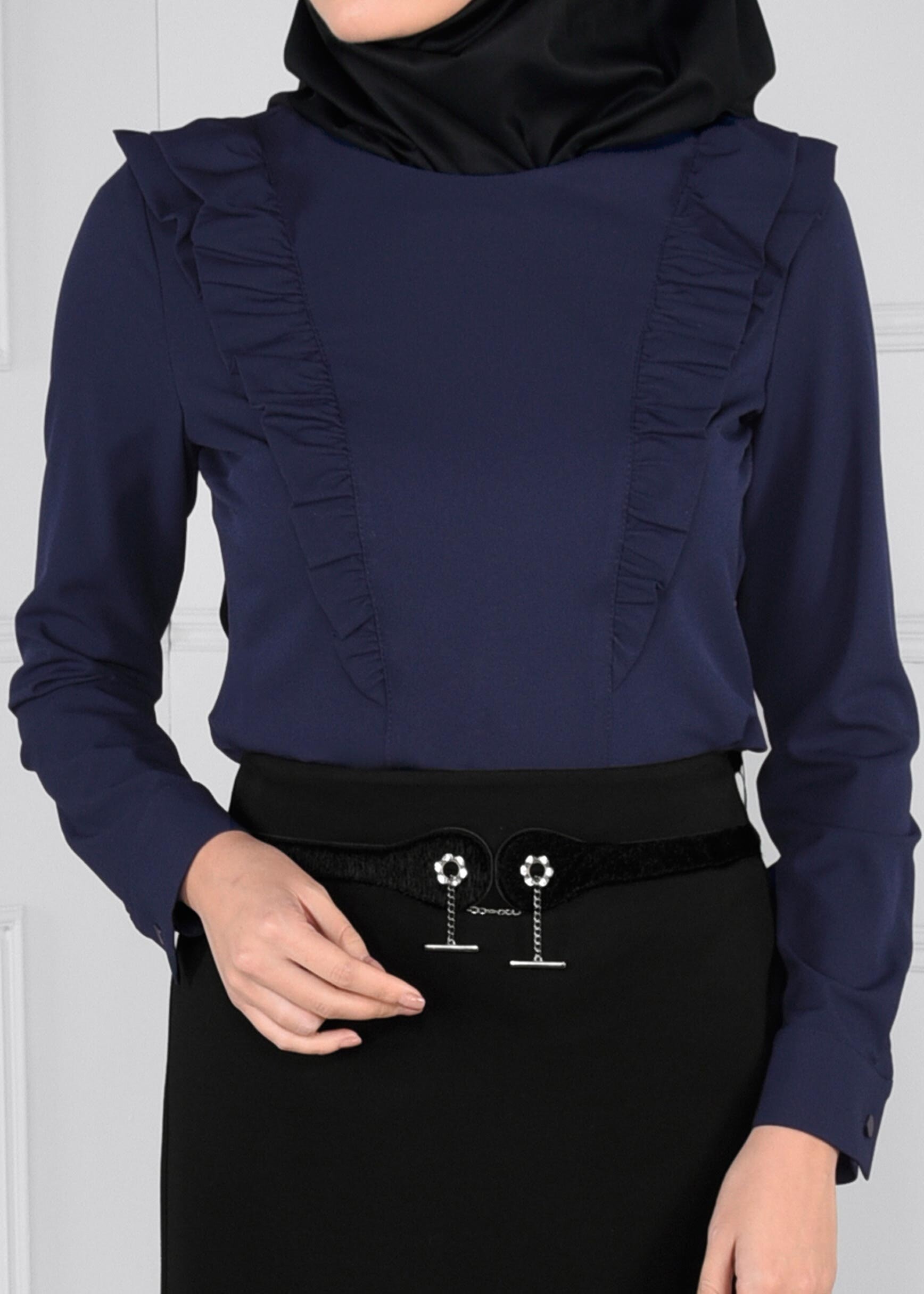 Tesettür giyim LACİVERT FIRFIRLI FERMUARLI BLUZ 4715