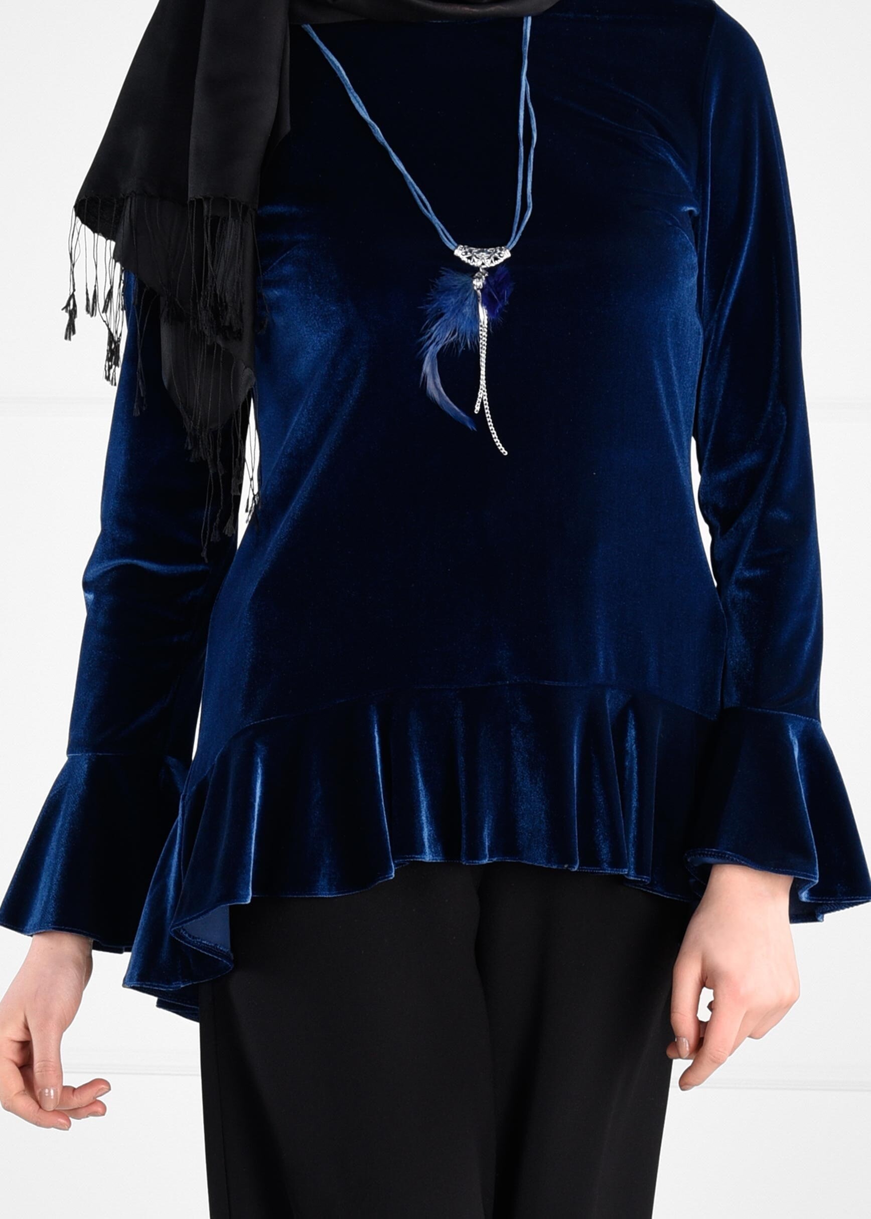 Tesettür giyim LACİVERT VOLANLI KADİFE BLUZ 4737