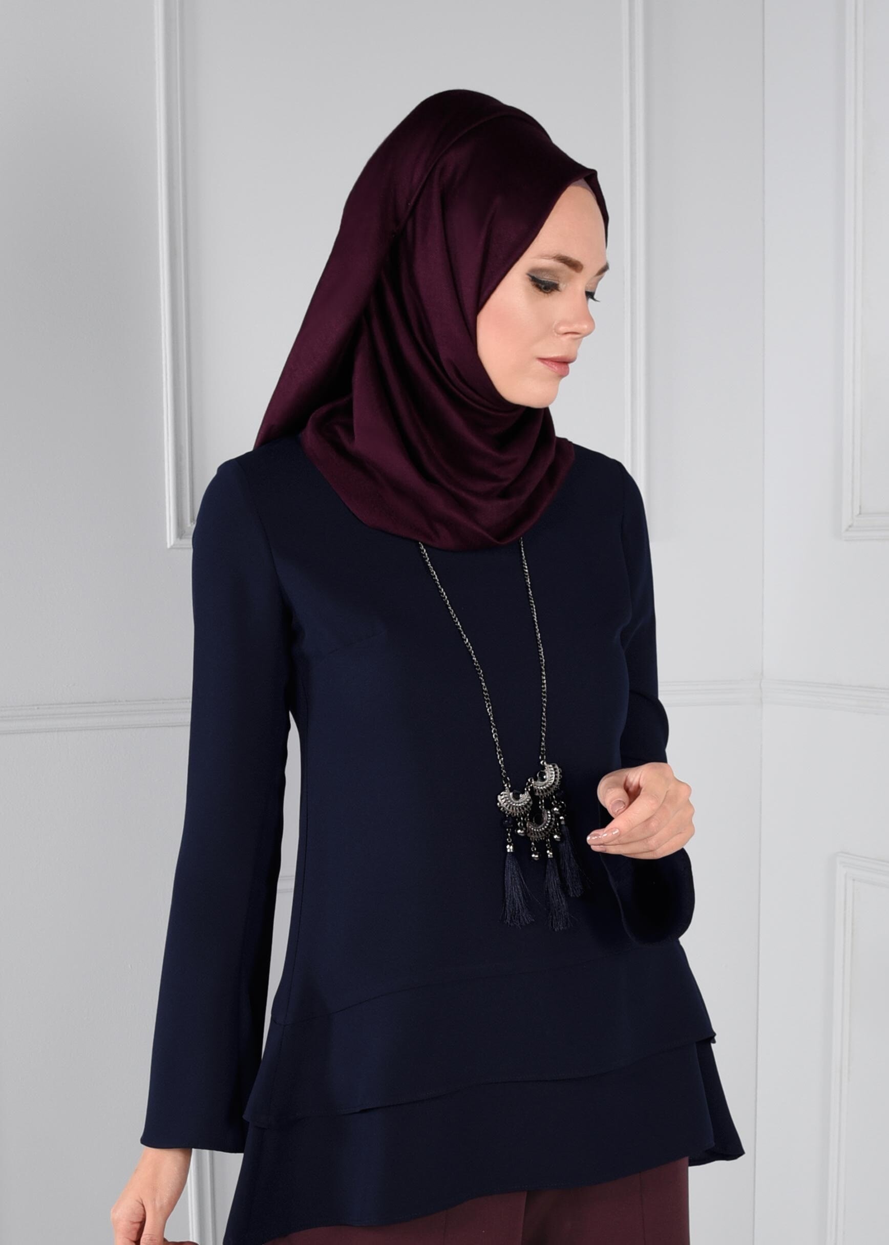 Tesettür giyim LACİVERT FERMUARLI ASİMETRİK KESİM KREP BLUZ 4738