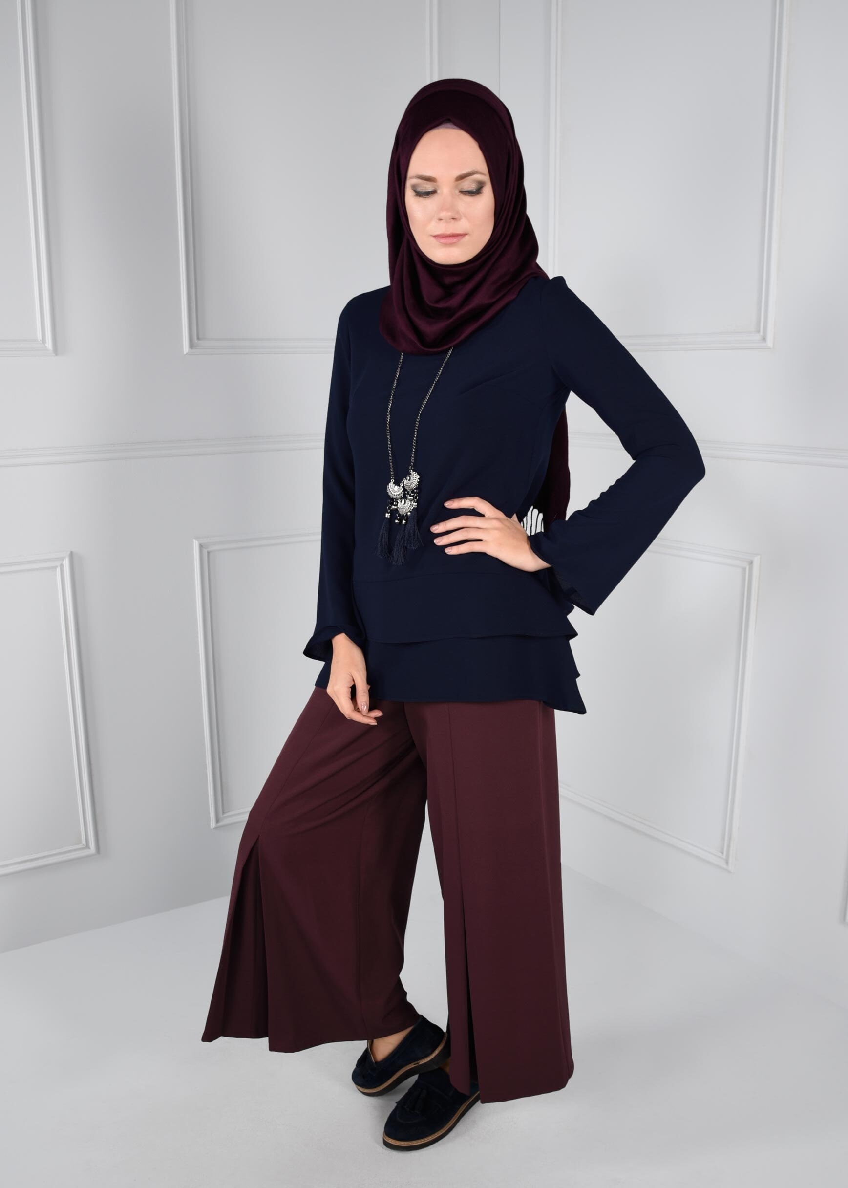 Tesettür giyim LACİVERT FERMUARLI ASİMETRİK KESİM KREP BLUZ 4738