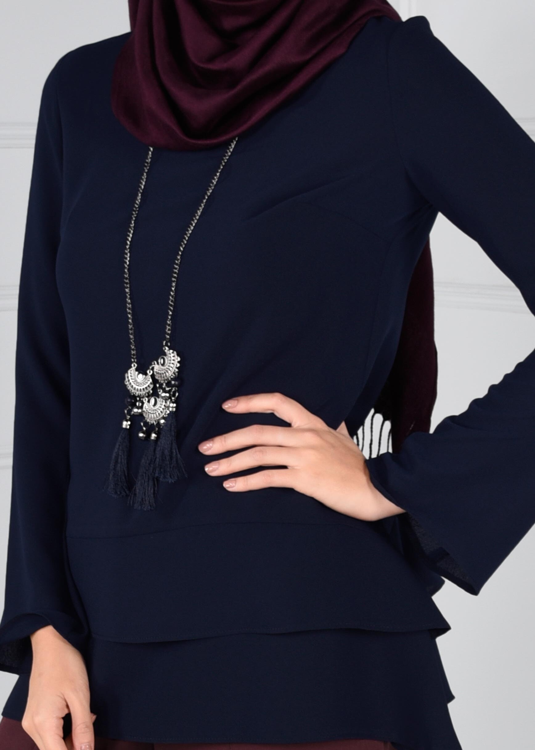 Tesettür giyim LACİVERT FERMUARLI ASİMETRİK KESİM KREP BLUZ 4738