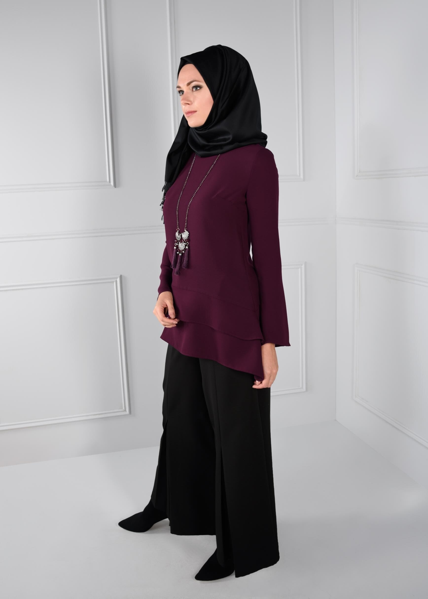 Tesettür giyim MÜRDÜM FERMUARLI ASİMETRİK KESİM KREP BLUZ 4738