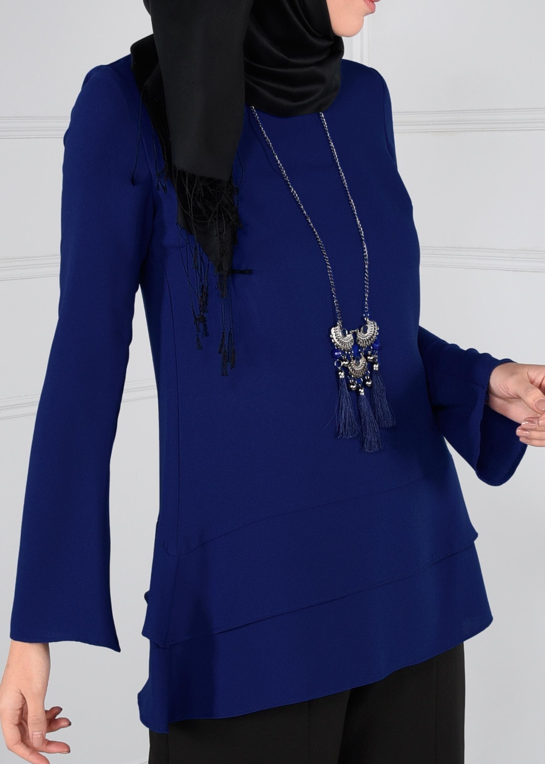 Tesettür giyim LACİVERT FERMUARLI ASİMETRİK KESİM KREP BLUZ 4738