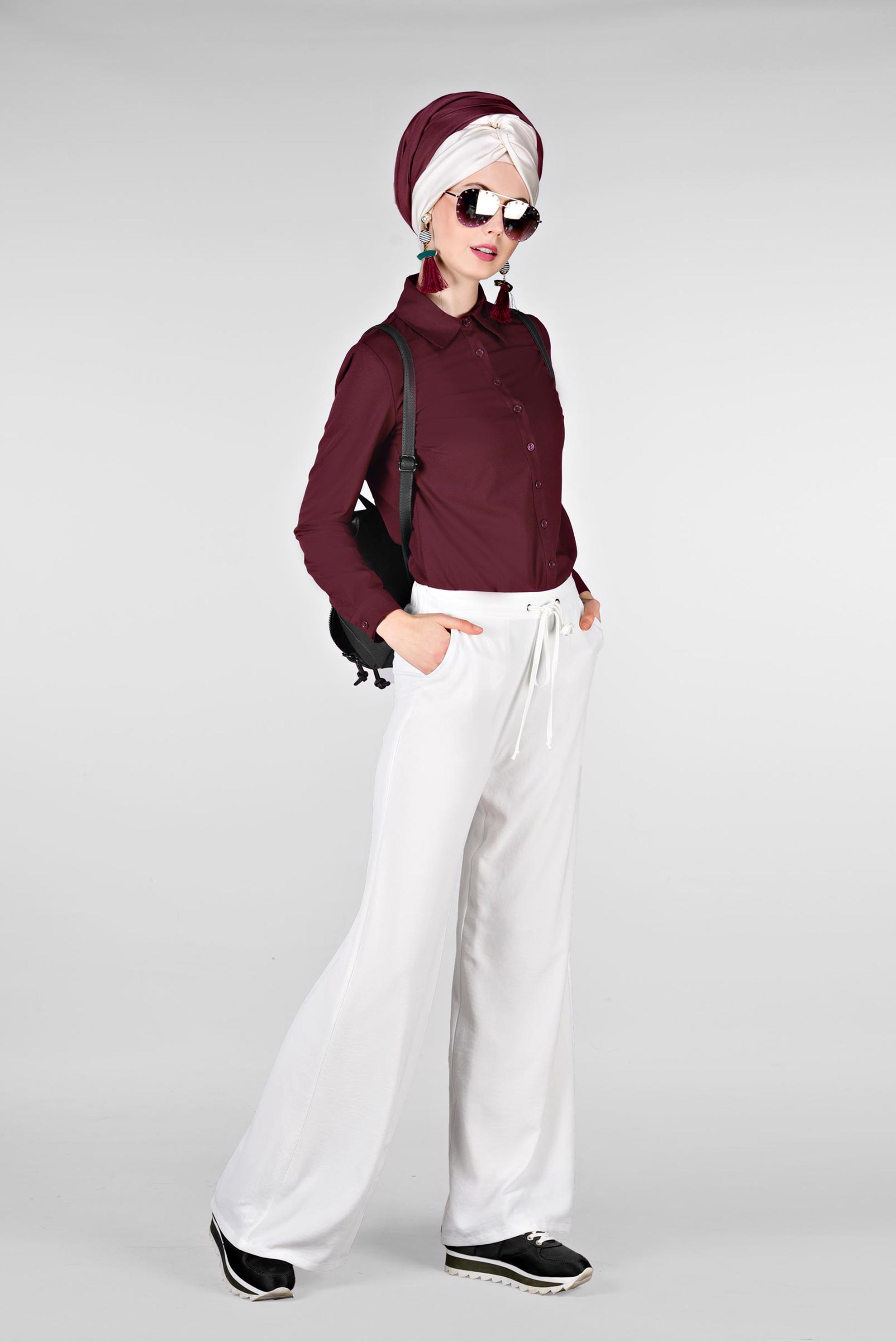 Tesettür giyim BORDO ERKEK YAKA DAR BLUZ 4751 