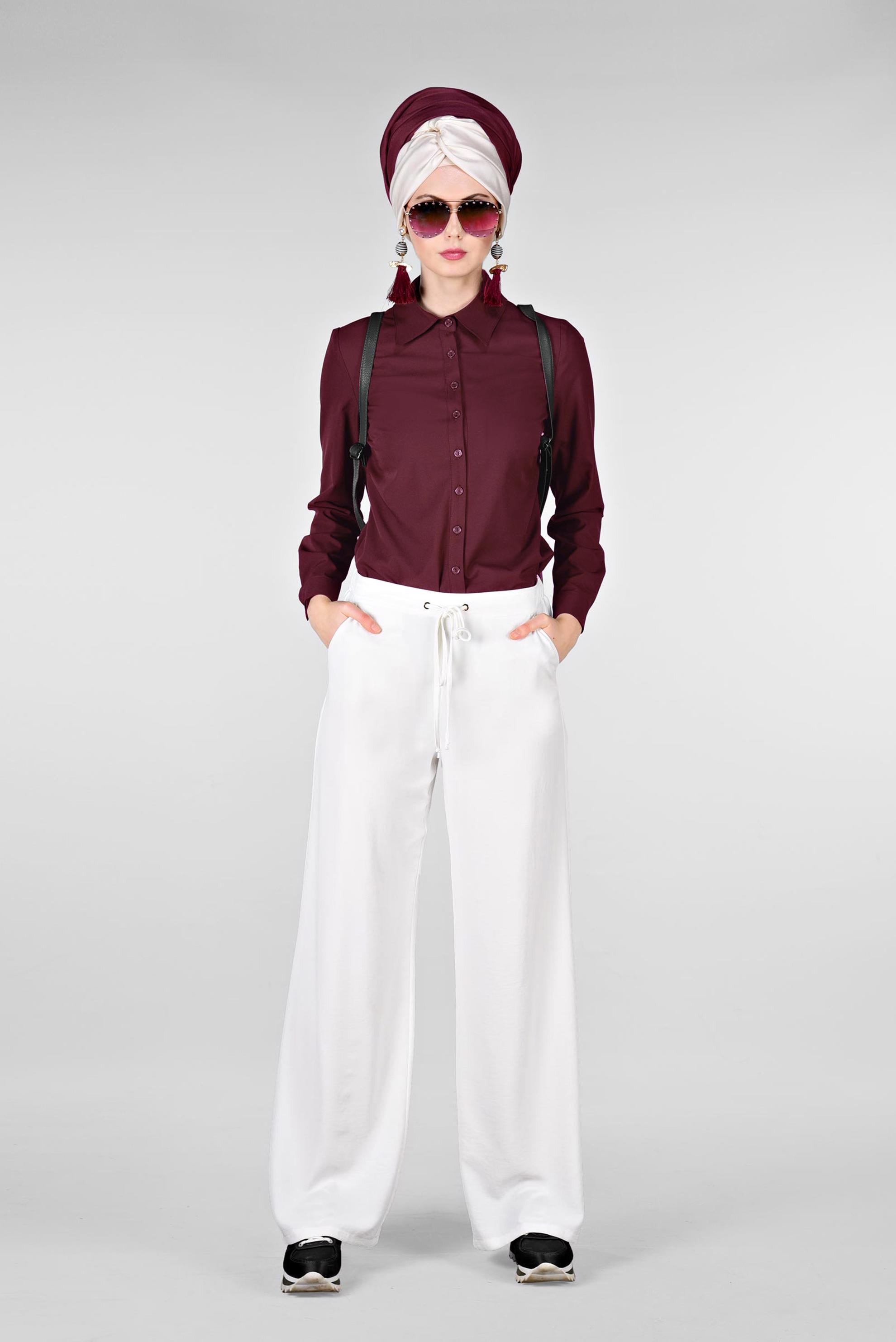 Tesettür giyim BORDO ERKEK YAKA DAR BLUZ 4751 