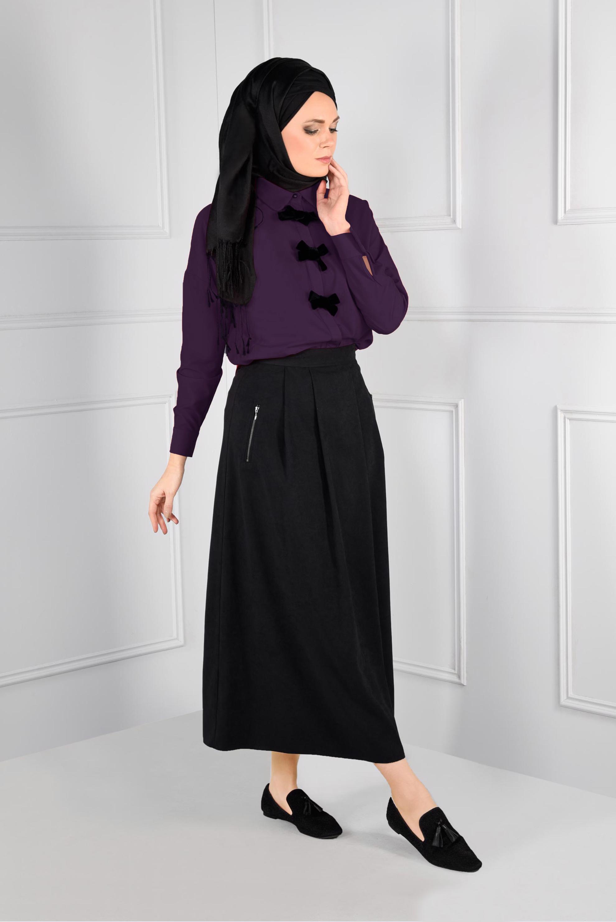 Tesettür giyim MOR FİYONK DETAYLI BLUZ 4767