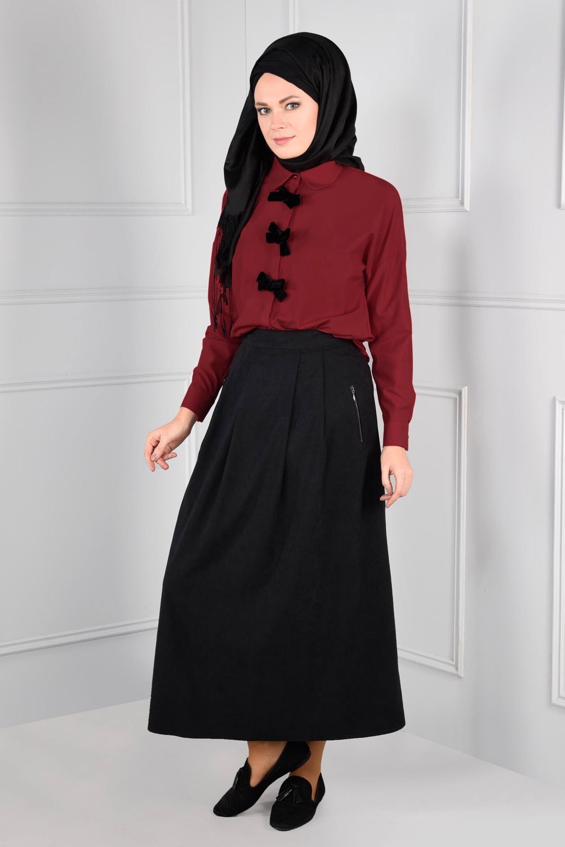 Tesettür giyim BORDO FİYONK DETAYLI BLUZ 4767