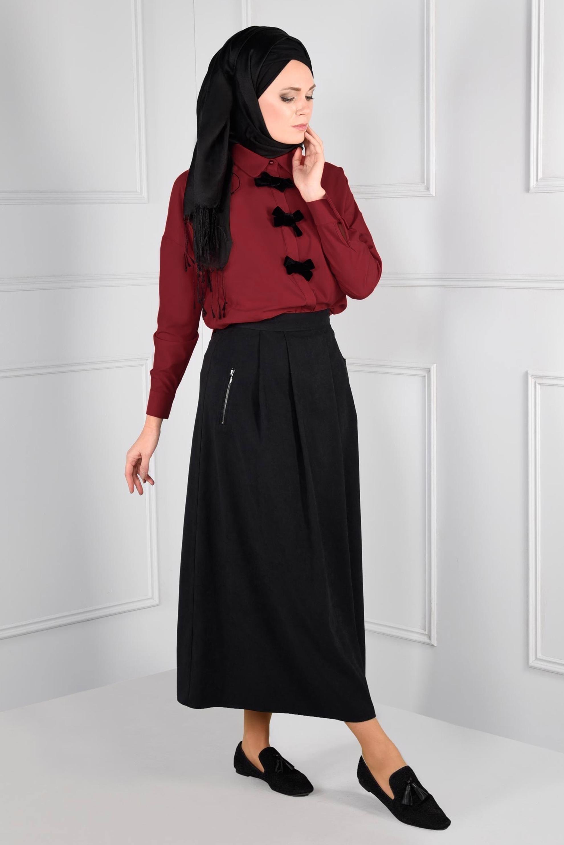 Tesettür giyim BORDO FİYONK DETAYLI BLUZ 4767