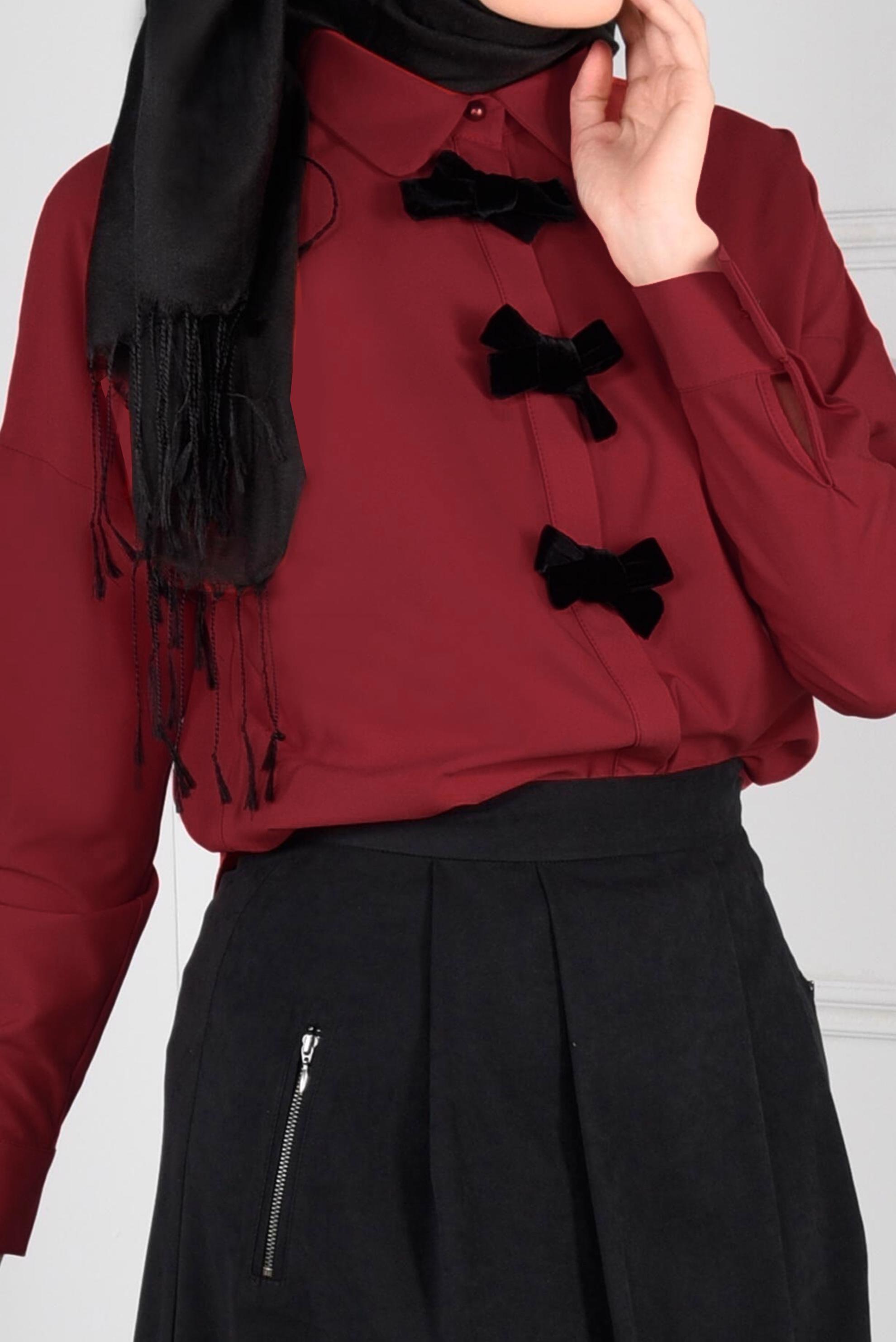 Tesettür giyim BORDO FİYONK DETAYLI BLUZ 4767