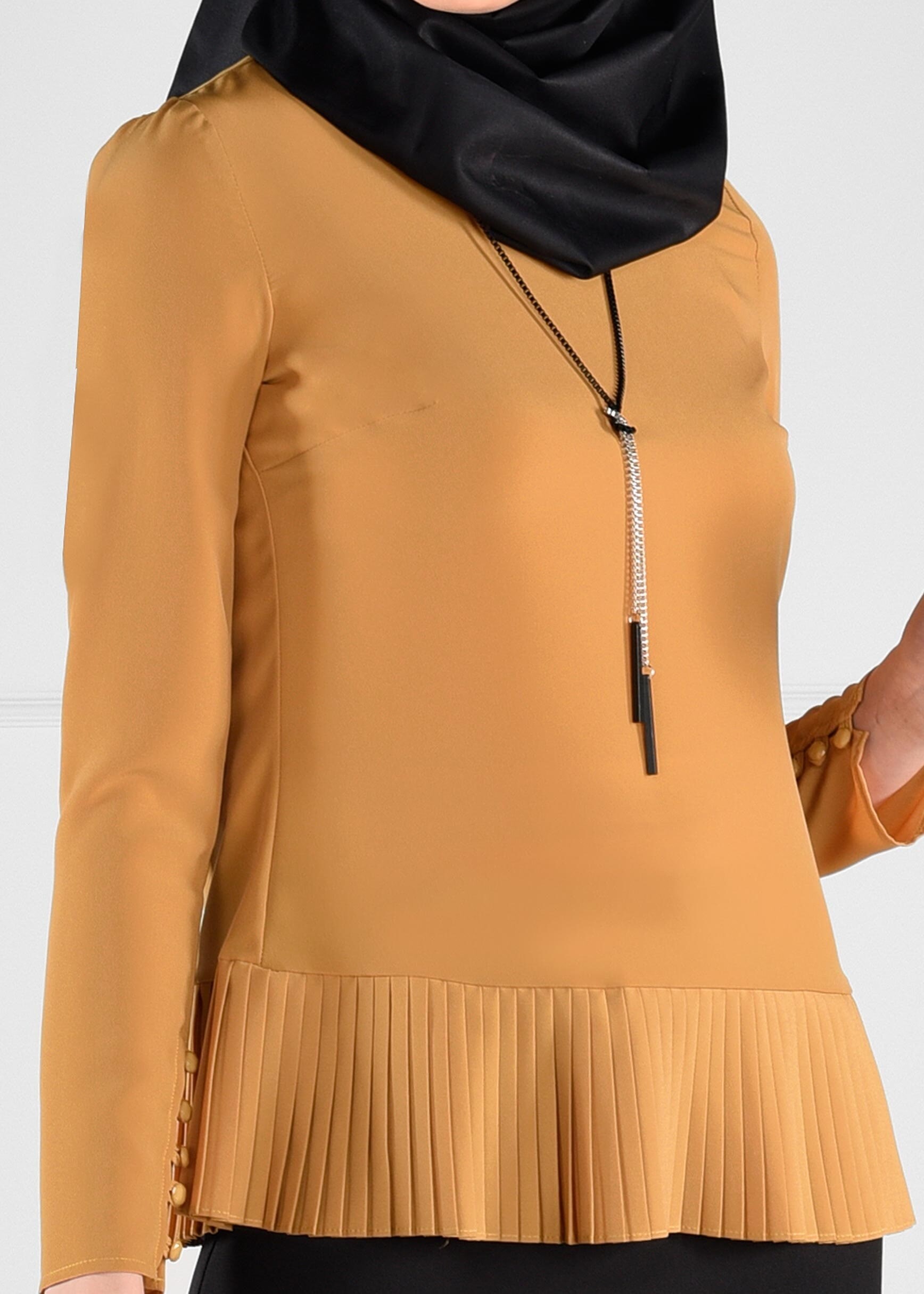 Tesettür giyim SARI MANŞETLERİ DÜĞME DETAYLI PİLİSELİ BLUZ 4784