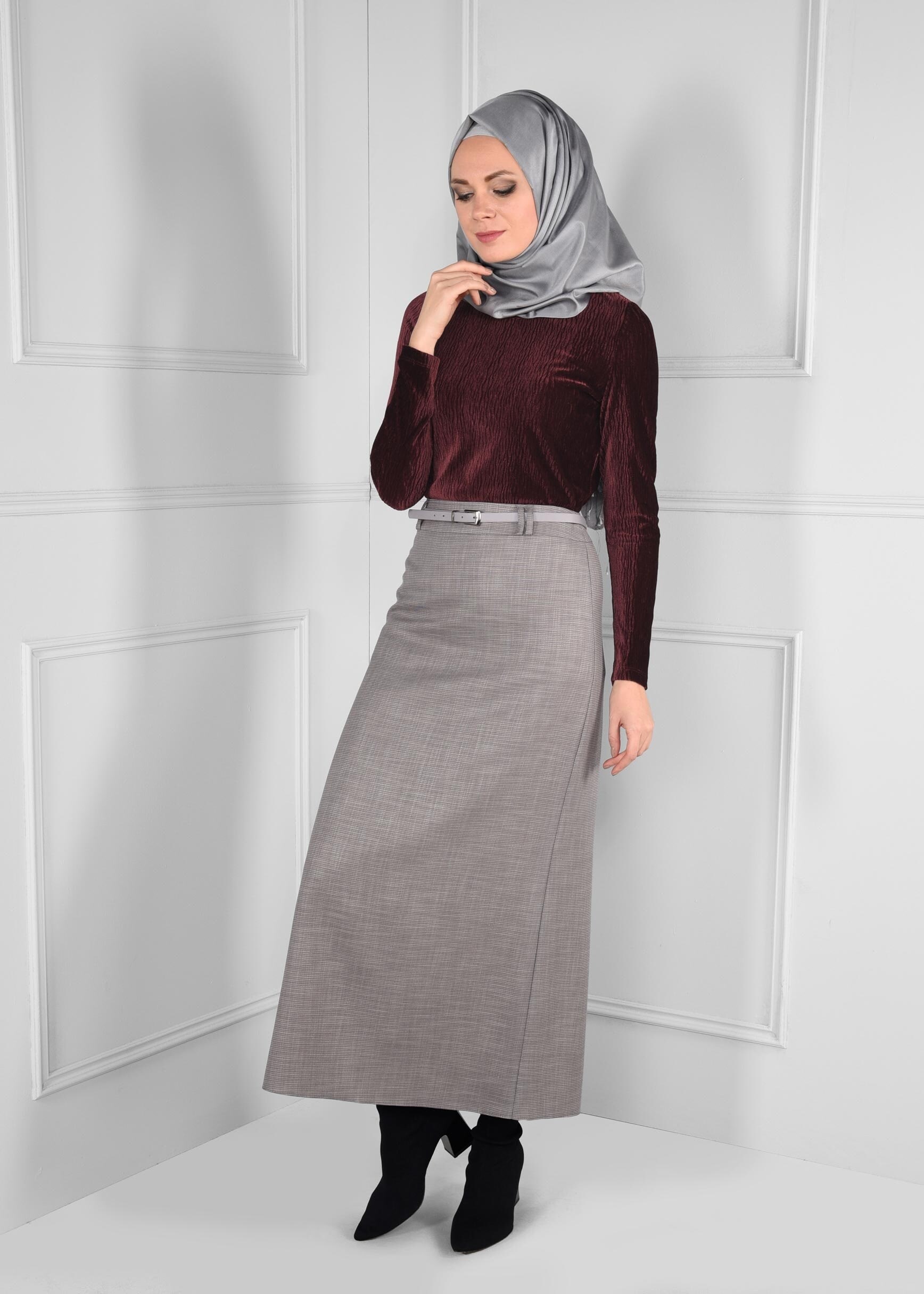 Tesettür giyim BORDO KADİFE PİLİSE BLUZ 4858