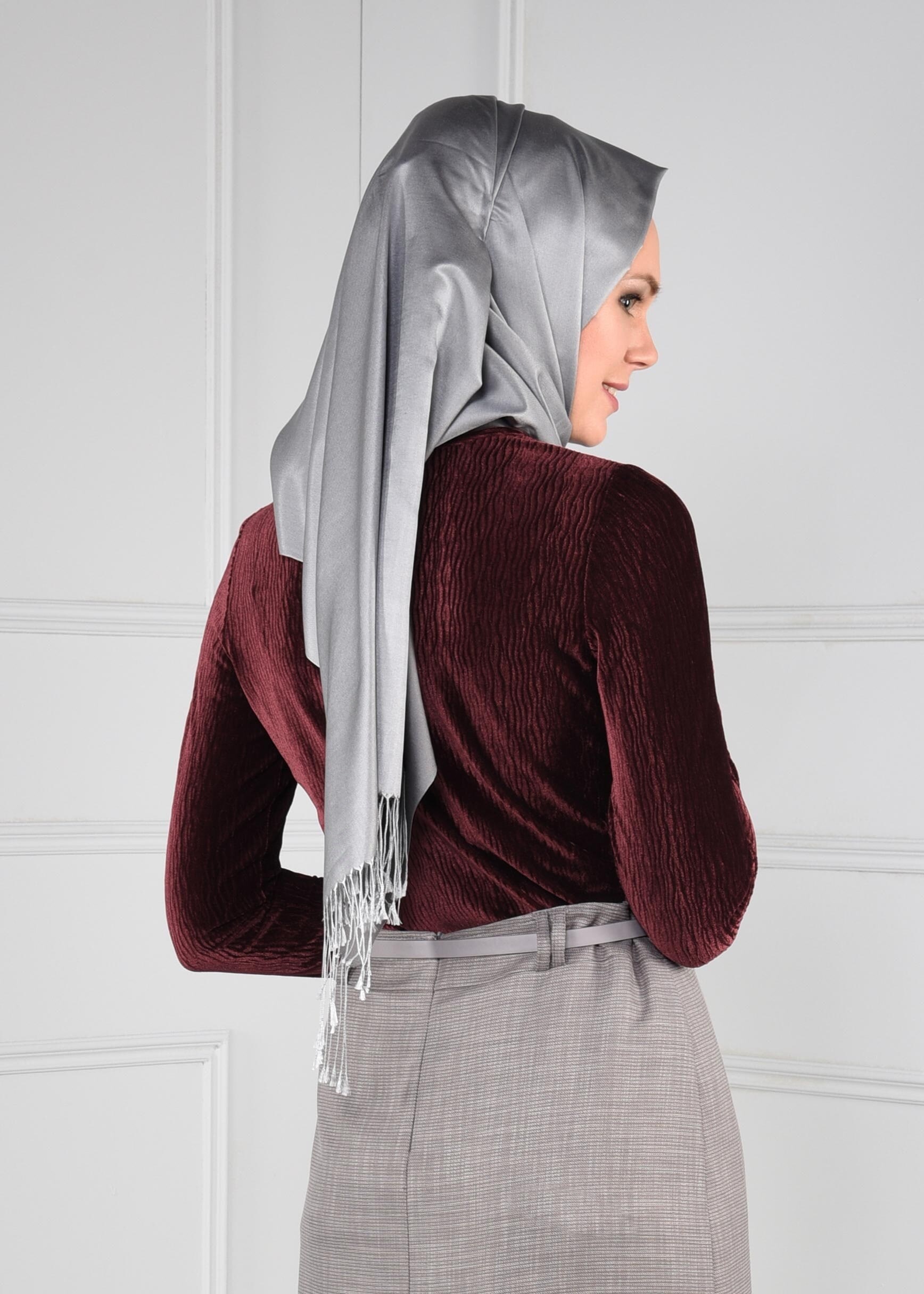 Tesettür giyim BORDO KADİFE PİLİSE BLUZ 4858
