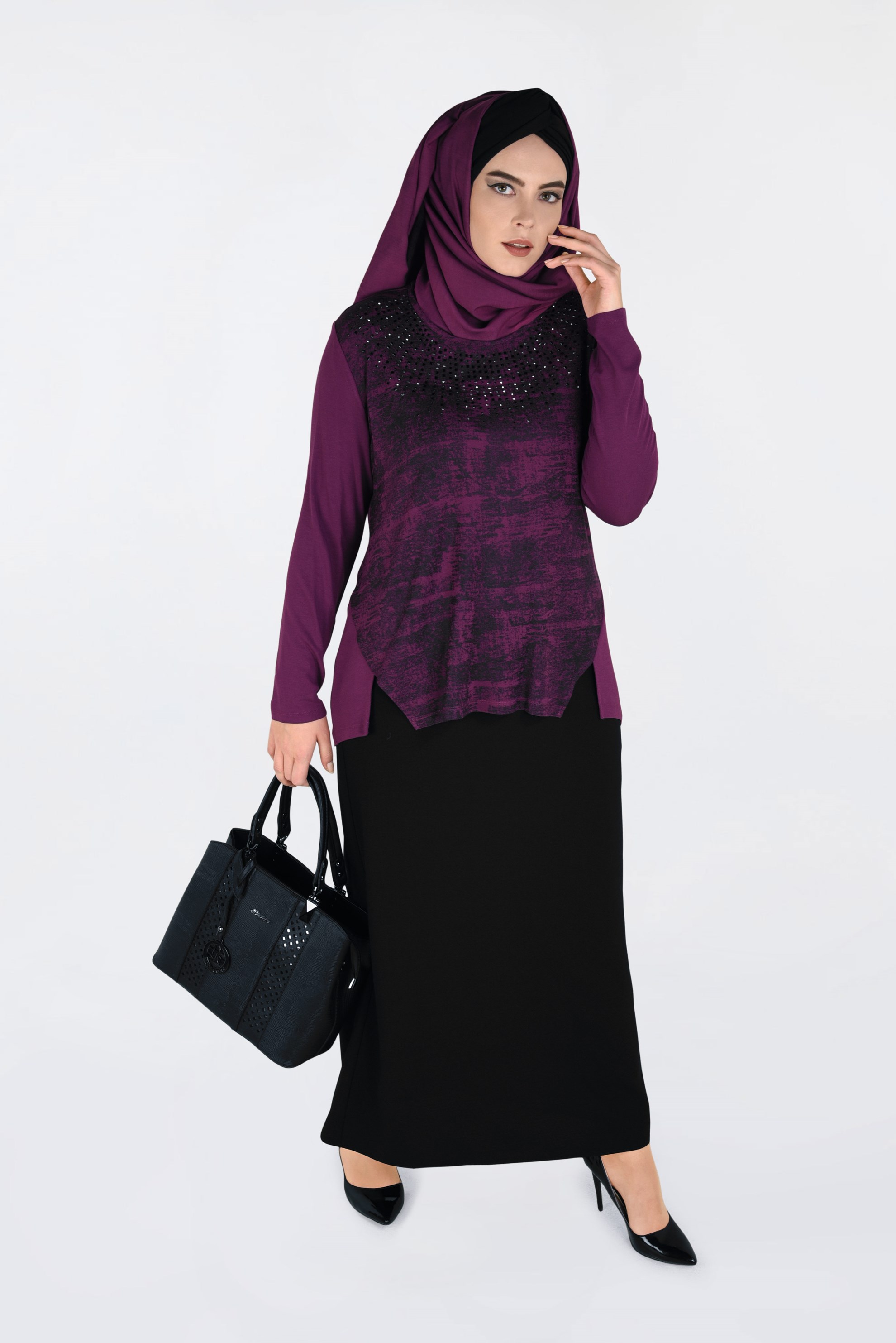Tesettür giyim FUŞYA ÇİFT RENK TAŞ BASKILI BLUZ 2775