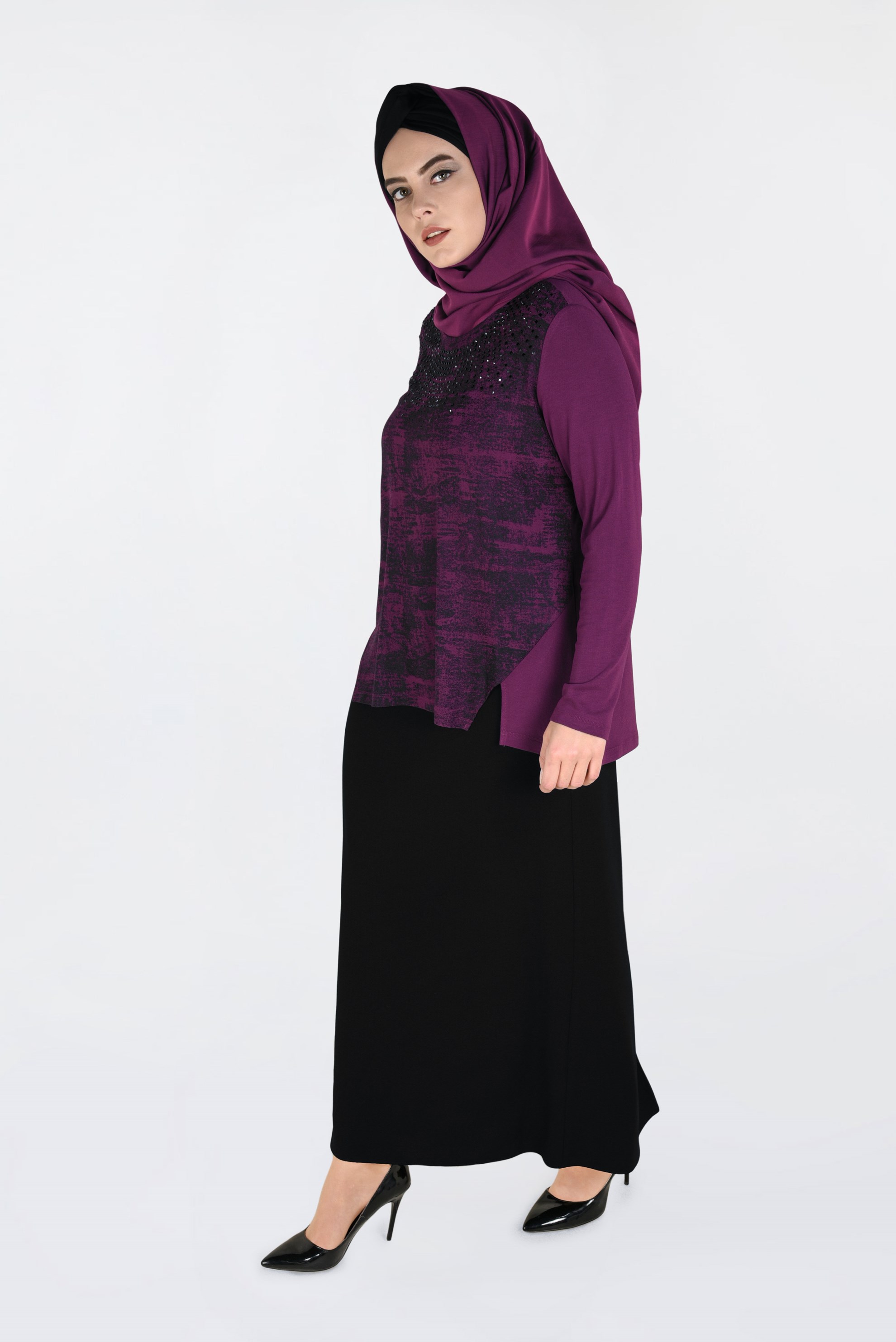 Tesettür giyim FUŞYA ÇİFT RENK TAŞ BASKILI BLUZ 2775