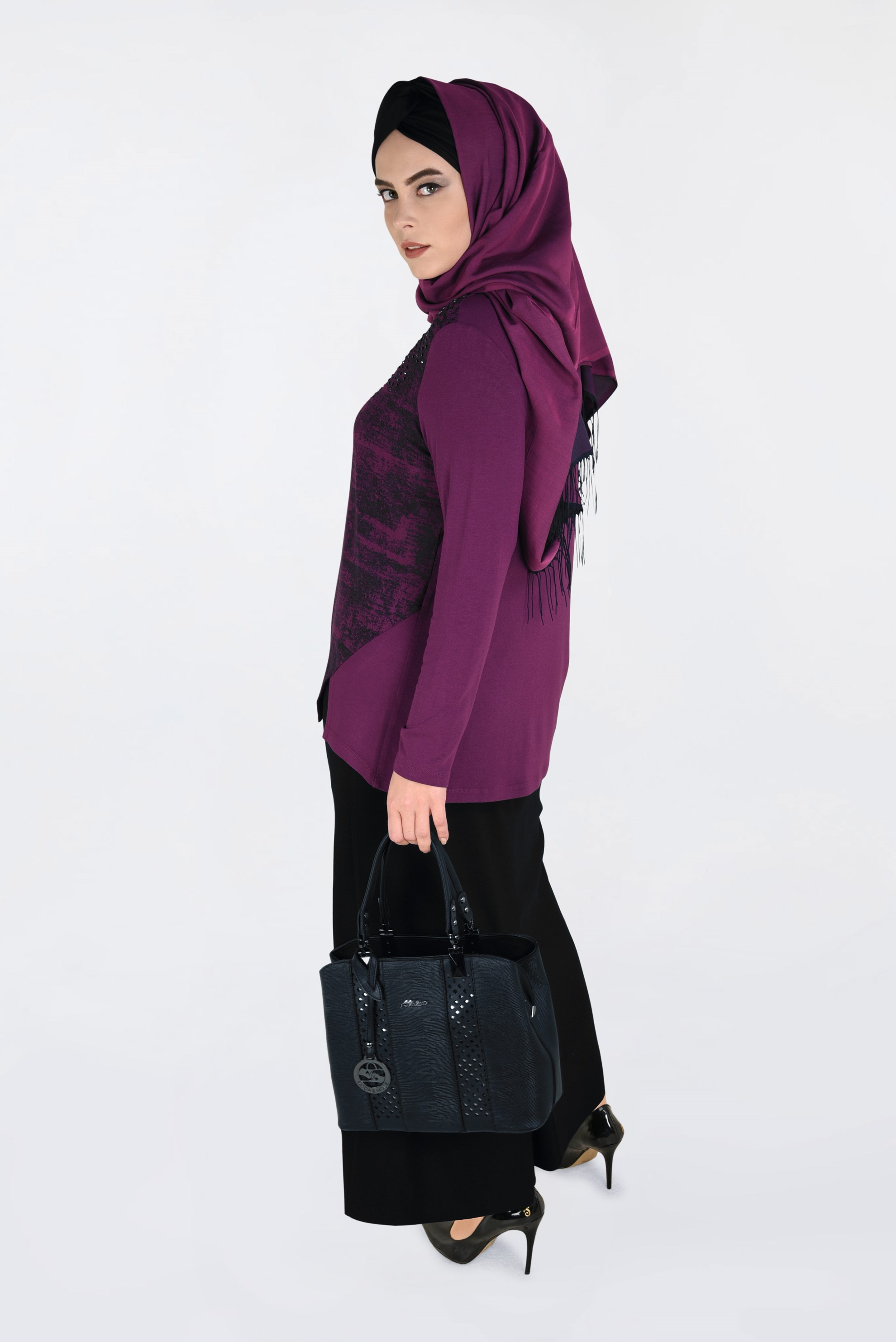 Tesettür giyim FUŞYA ÇİFT RENK TAŞ BASKILI BLUZ 2775